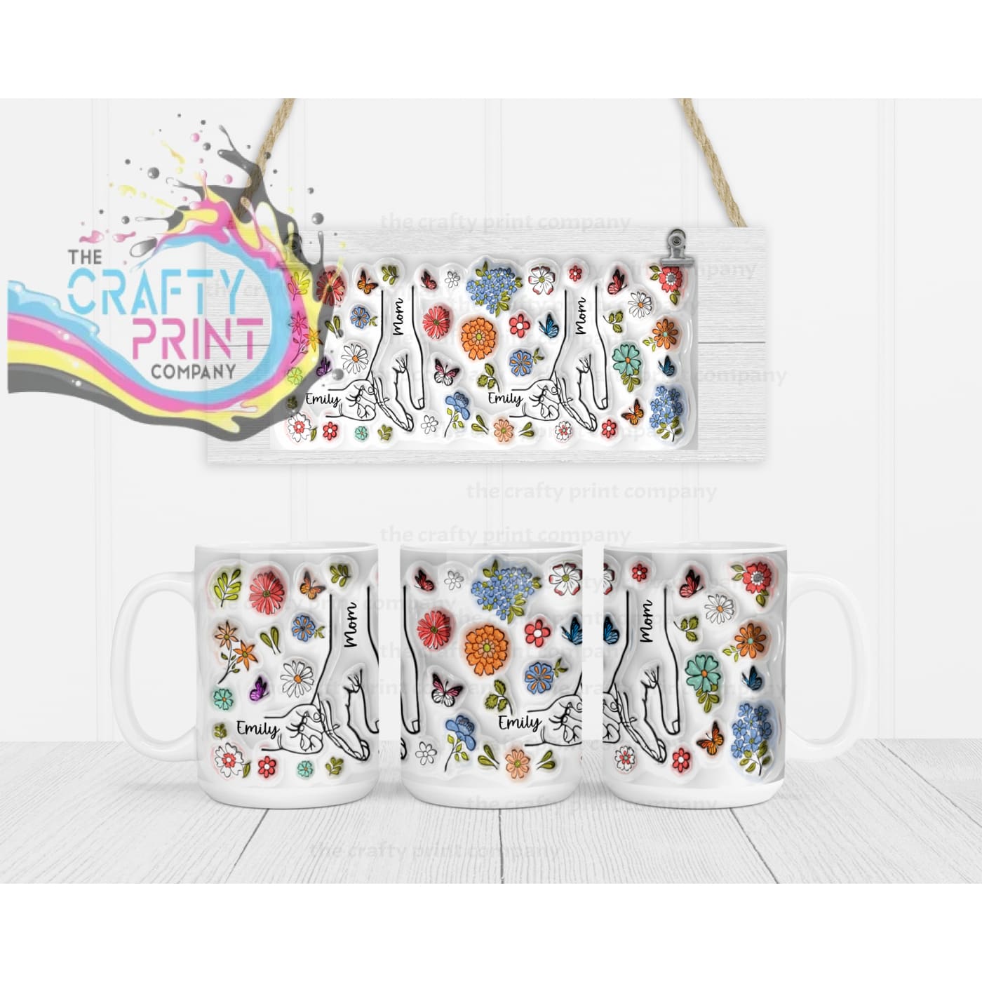 Personalised 3D Floral Mother Daughter or Son Hands Mug