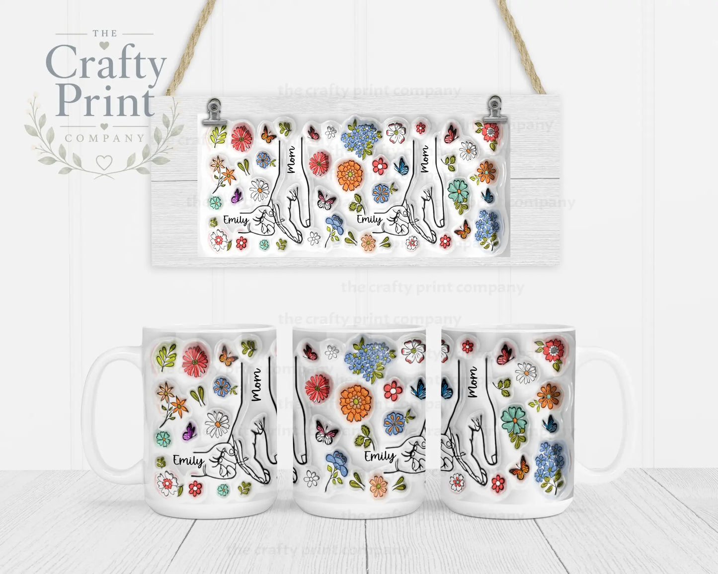Personalised 3D Floral Mother Daughter or Son Hands Mug