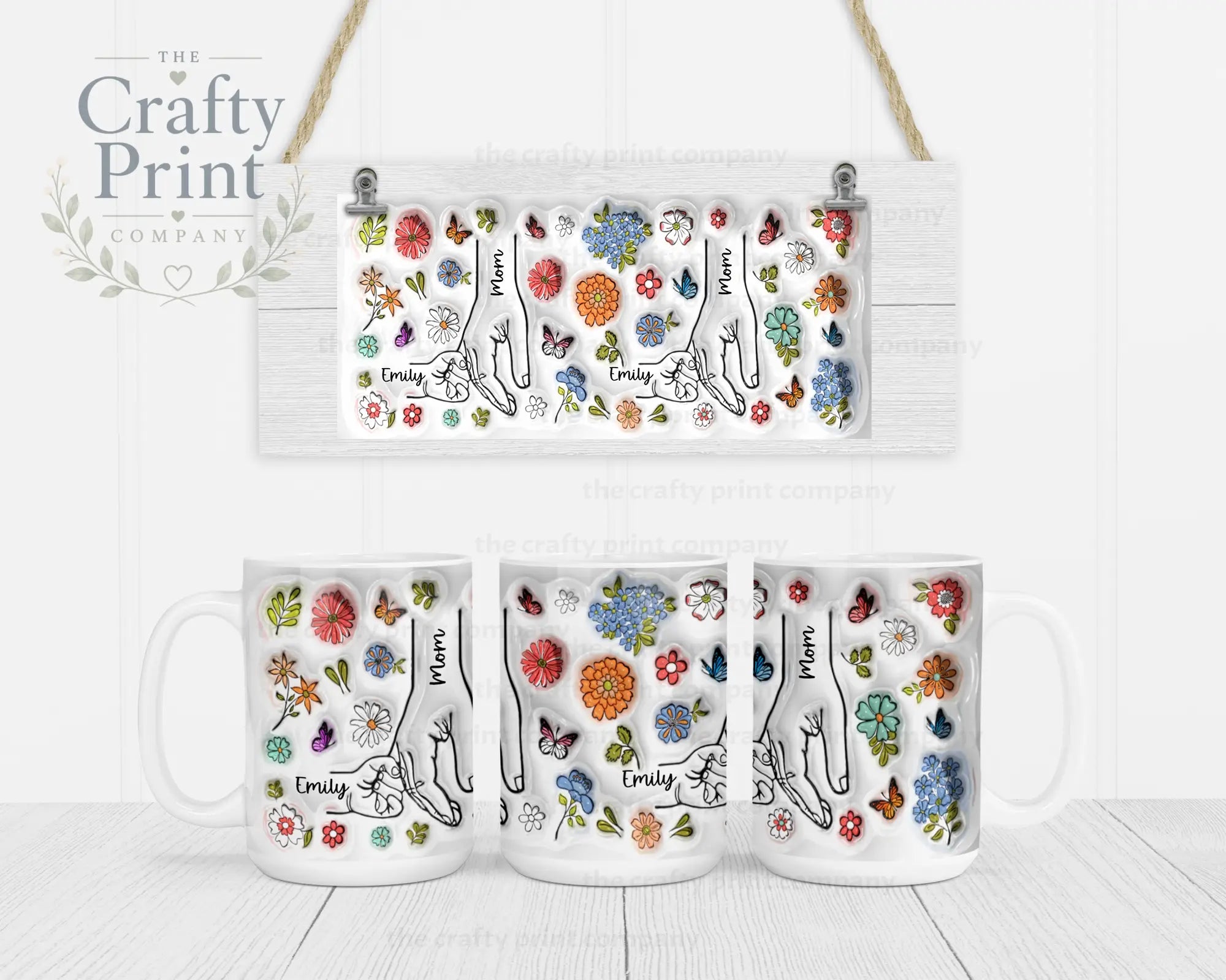 Personalised 3D Floral Mother Daughter or Son Hands Mug