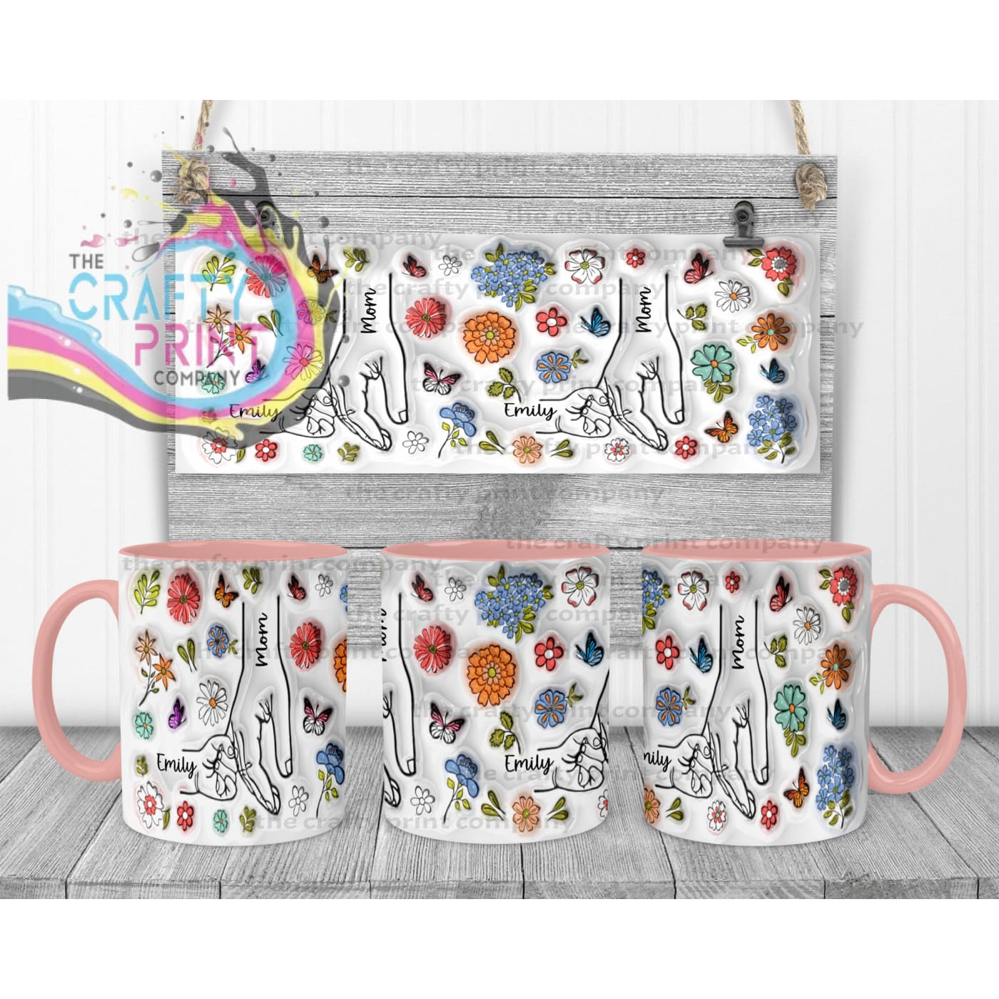Personalised 3D Floral Mother Daughter or Son Hands Mug