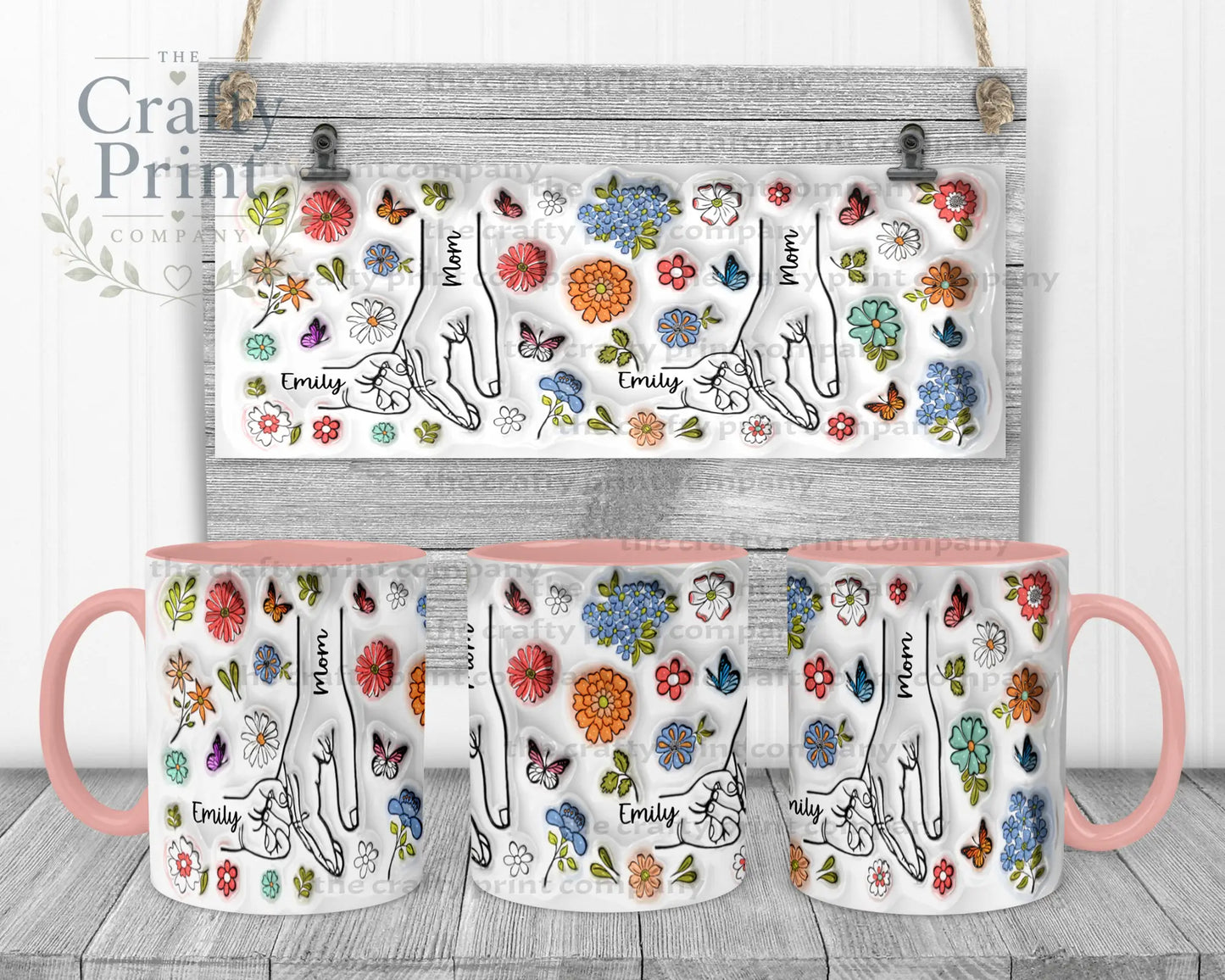Personalised 3D Floral Mother Daughter or Son Hands Mug