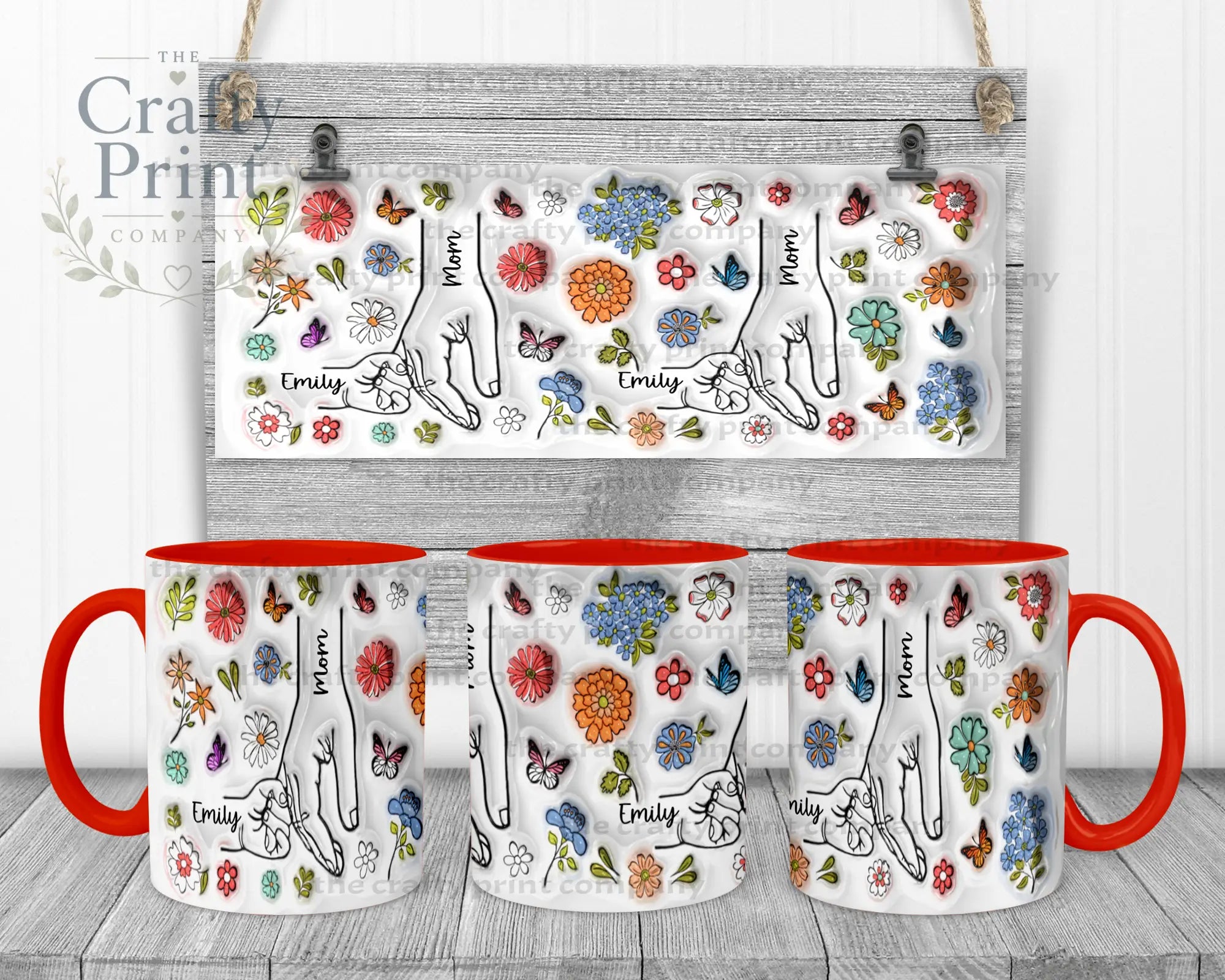 Personalised 3D Floral Mother Daughter or Son Hands Mug