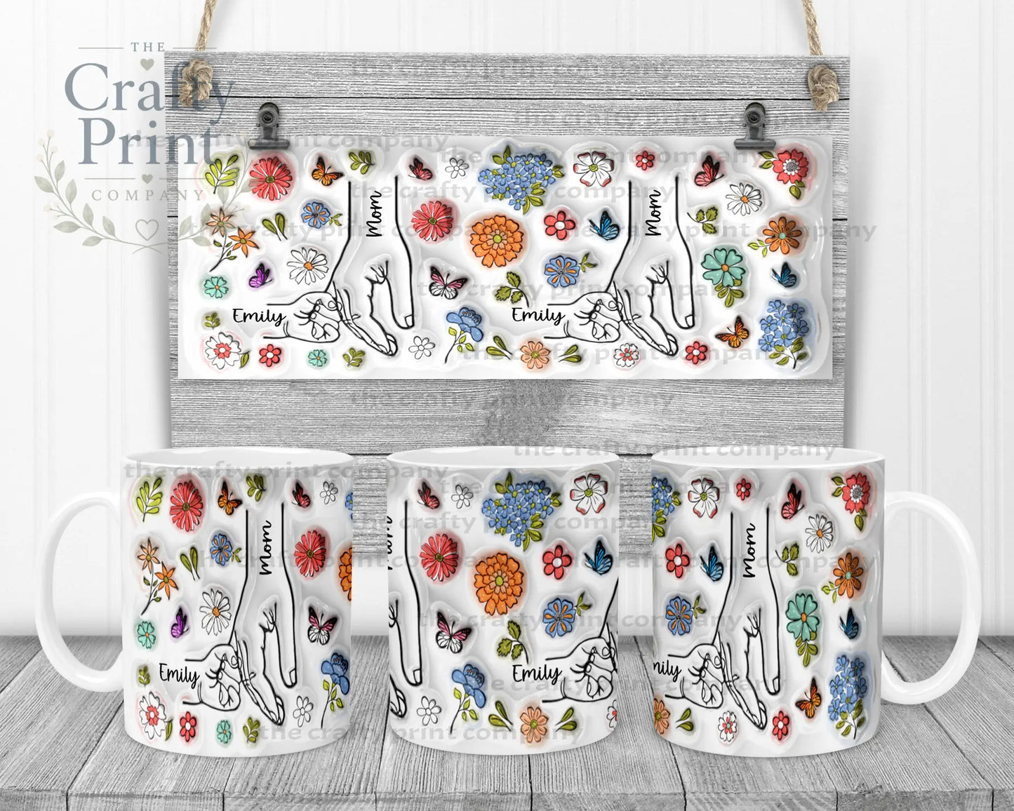 Personalised 3D Floral Mother Daughter or Son Hands Mug