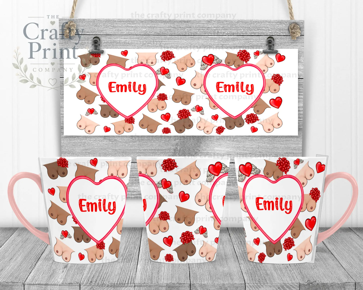 Personalised Boobies Mug - 12oz Latte / Pink Handle & Inner