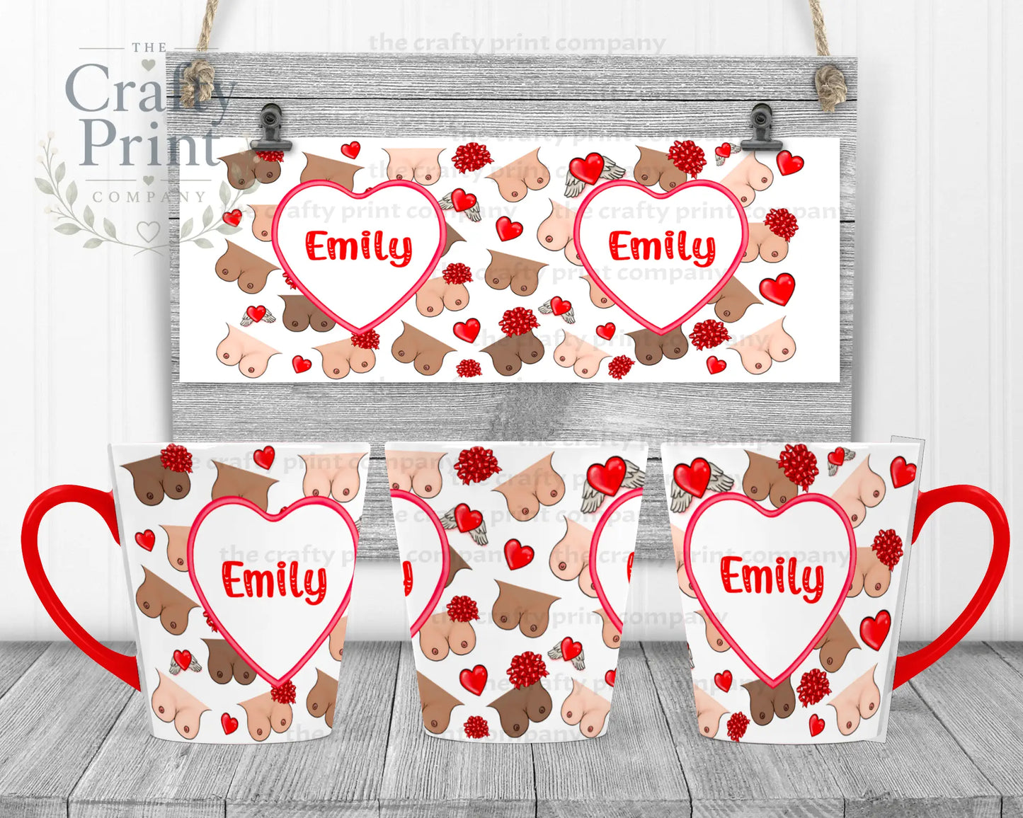 Personalised Boobies Mug - 12oz Latte / Red Handle & Inner