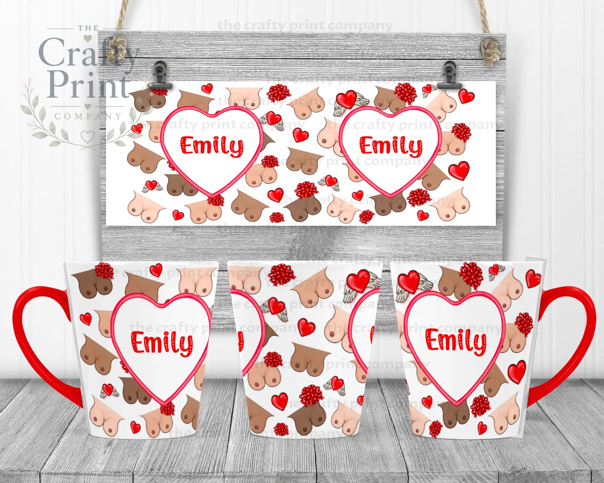 Personalised Boobies Mug - 12oz Latte / Red Handle & Inner