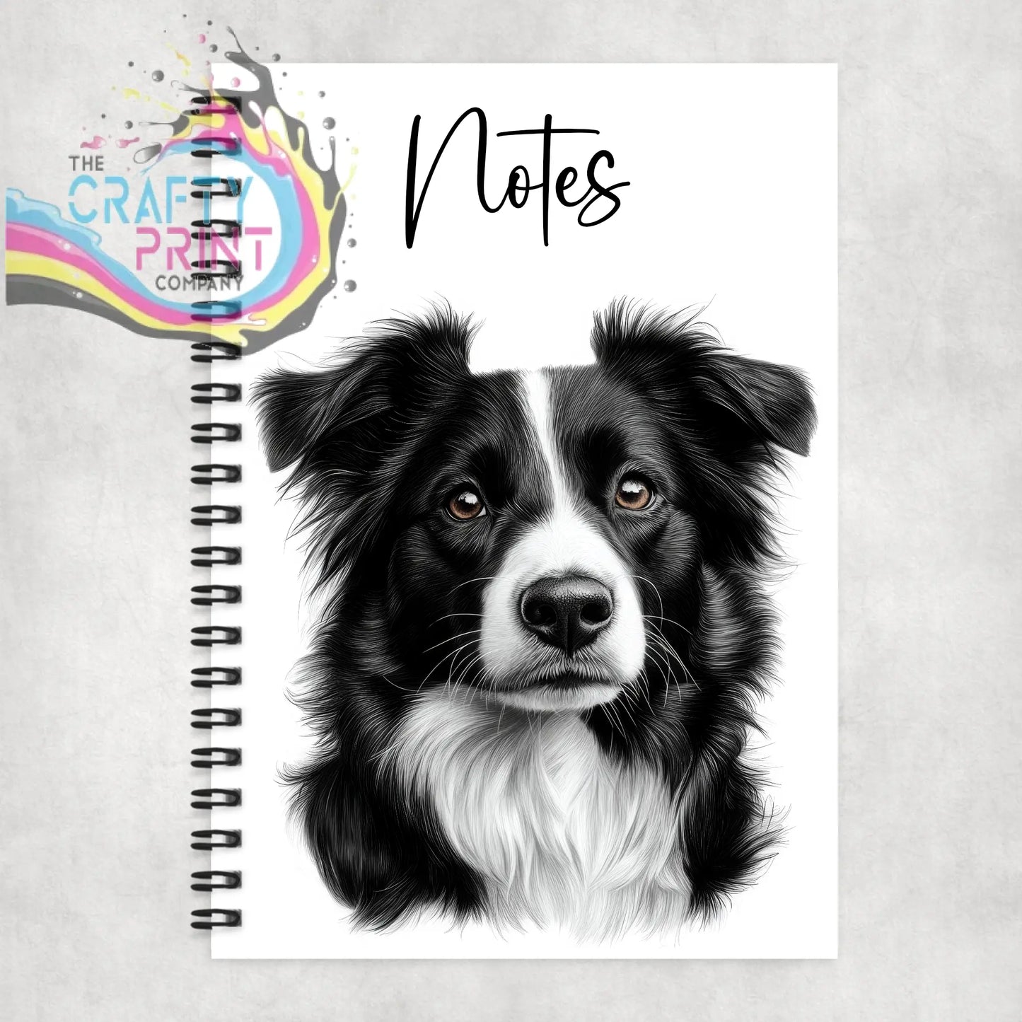 Personalised border collie pencil drawing on a black and white spiral notebook cover with elegant notes script