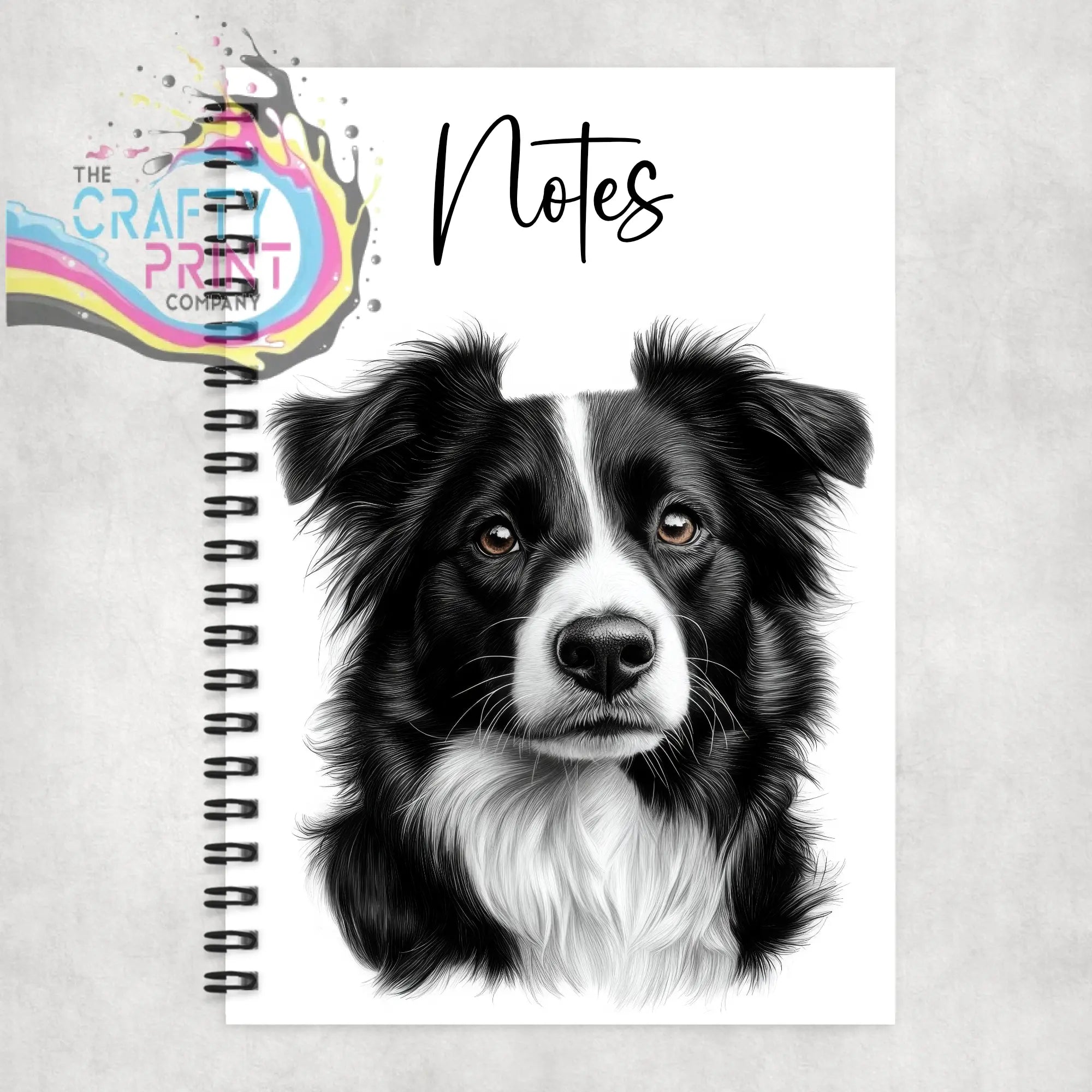 Personalised border collie pencil drawing on a black and white spiral notebook cover with elegant notes script
