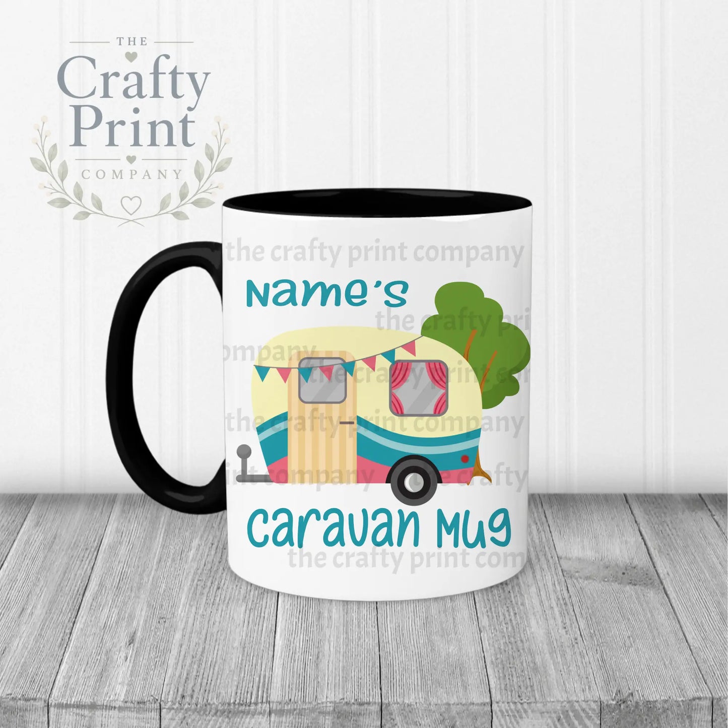 Personalised Caravan Mug - Black Handle & Inner / Blue