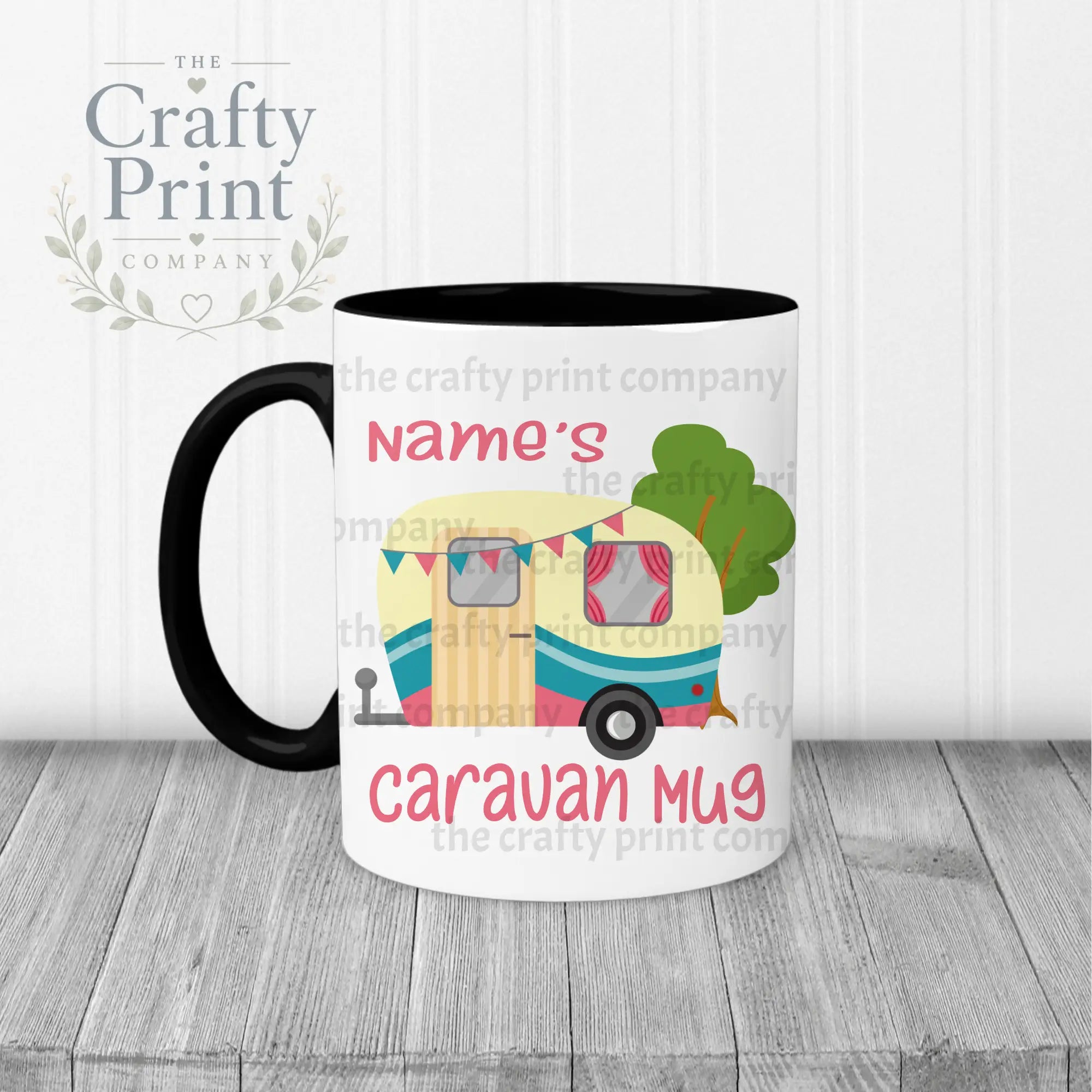 Personalised Caravan Mug - Black Handle & Inner / Pink