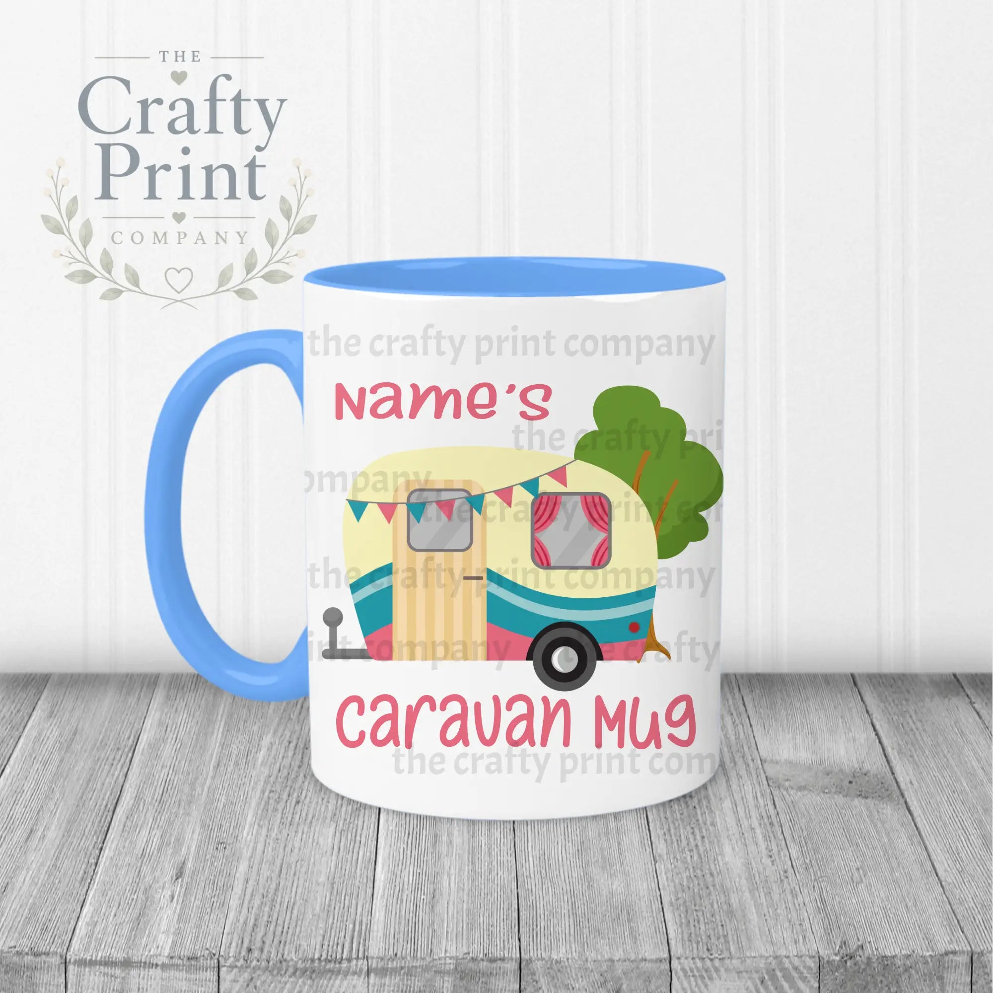 Personalised Caravan Mug - Blue Handle & Inner / Pink - Mugs