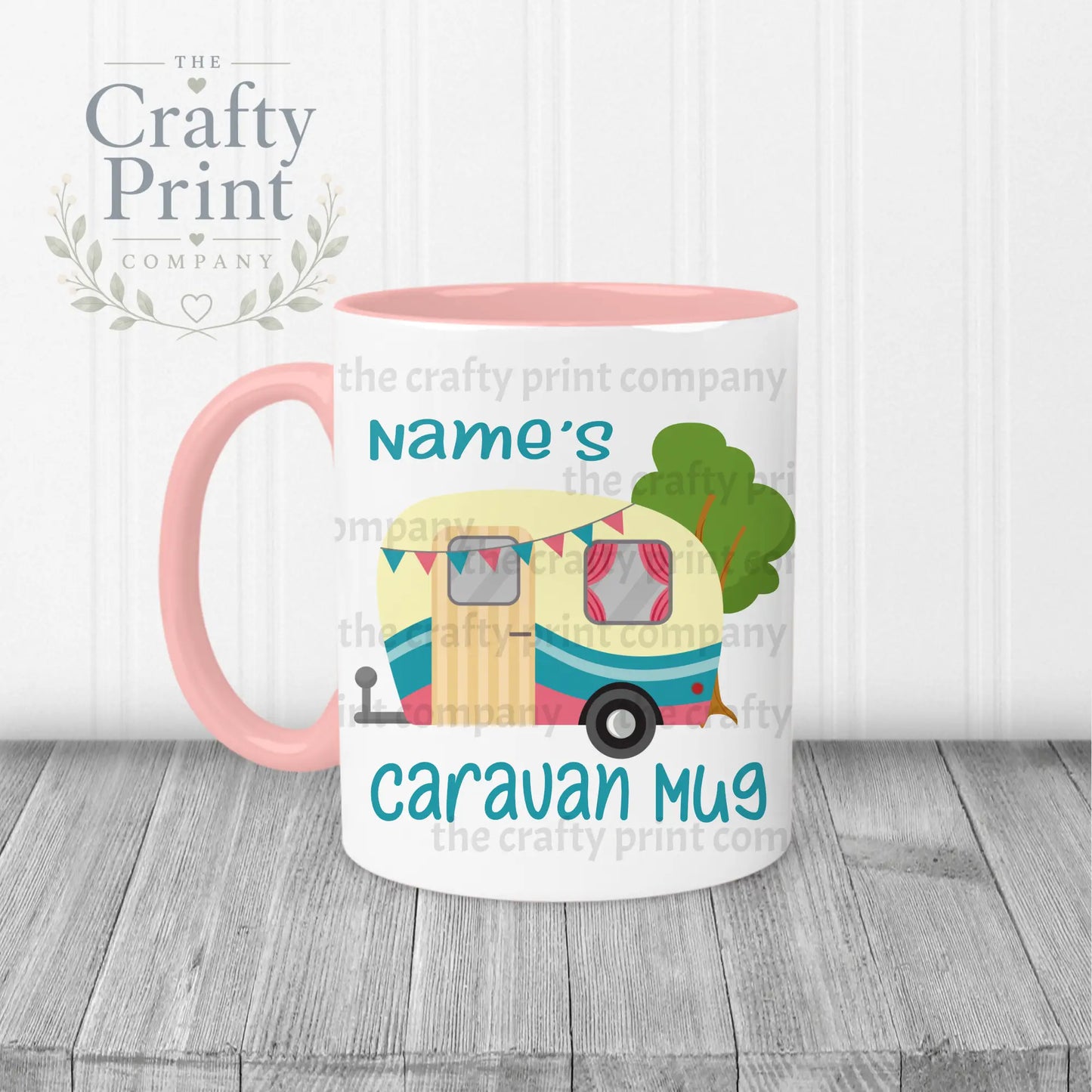 Personalised Caravan Mug - Pink Handle & Inner / Blue - Mugs
