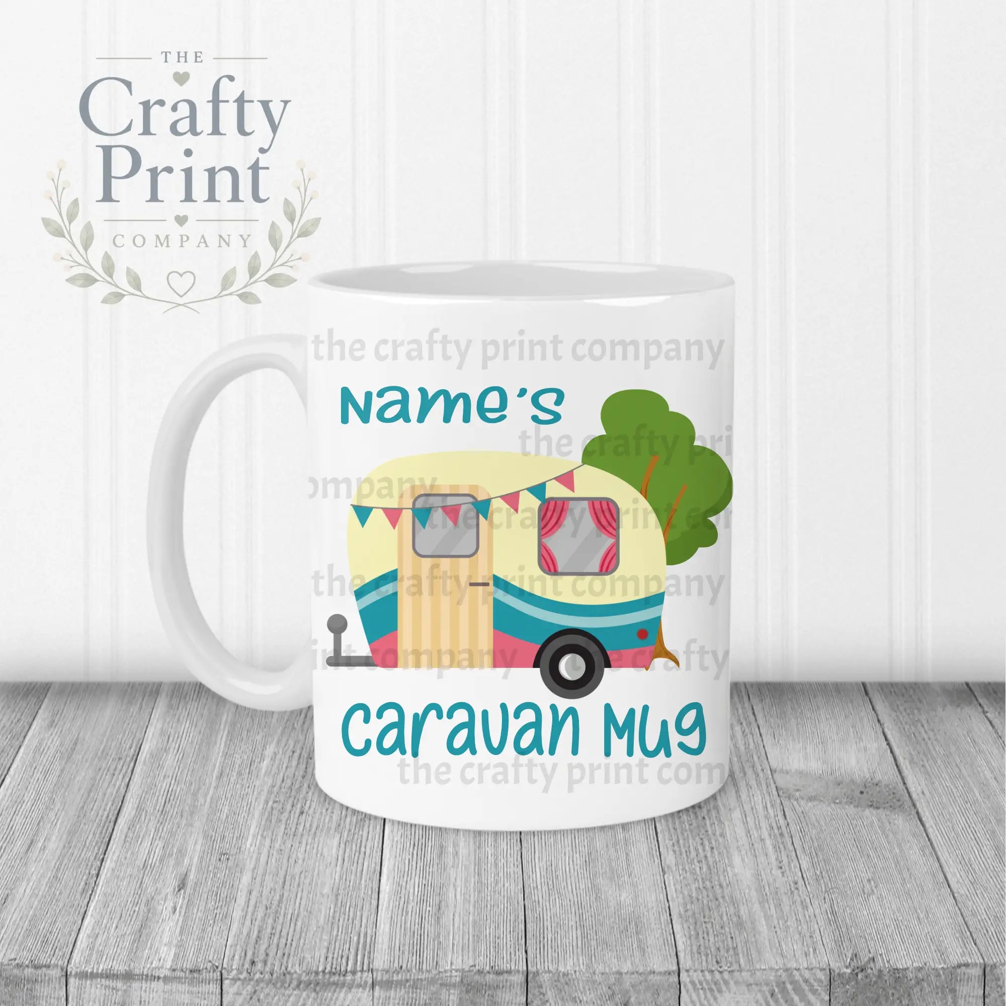 Personalised Caravan Mug - White Handle & Inner / Blue