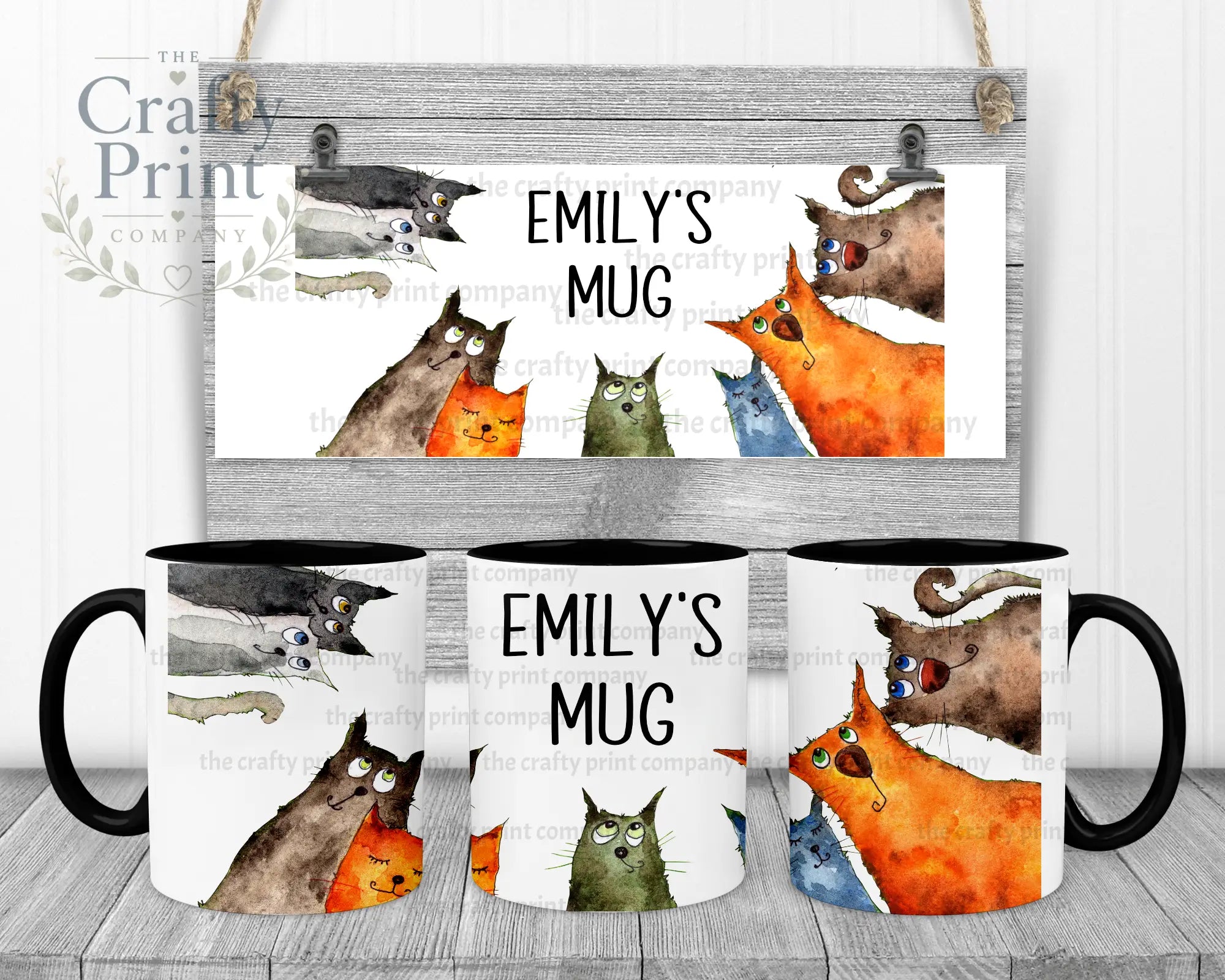 Personalised Cartoon Cats Mug - Black Handle & Inner - Mugs