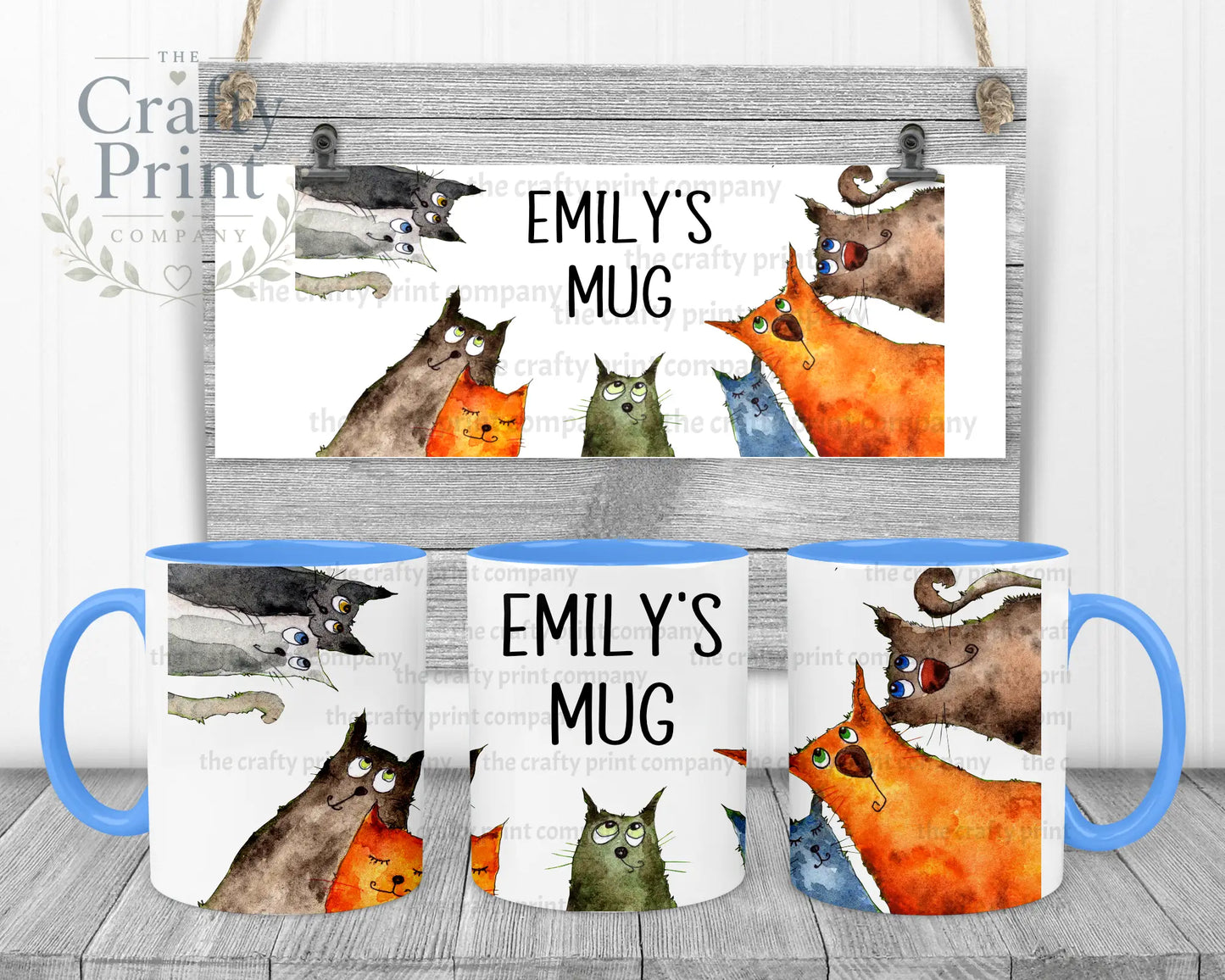 Personalised Cartoon Cats Mug - Blue Handle & Inner - Mugs