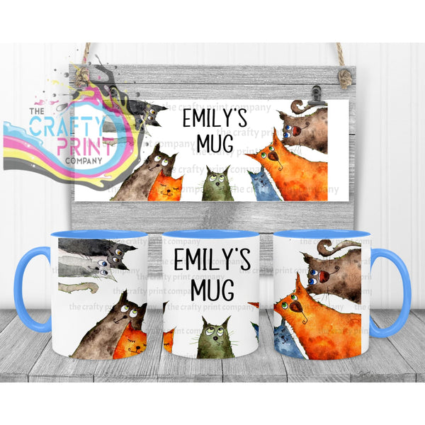 Personalised Cartoon Cats Mug - Blue Handle & Inner - Mugs