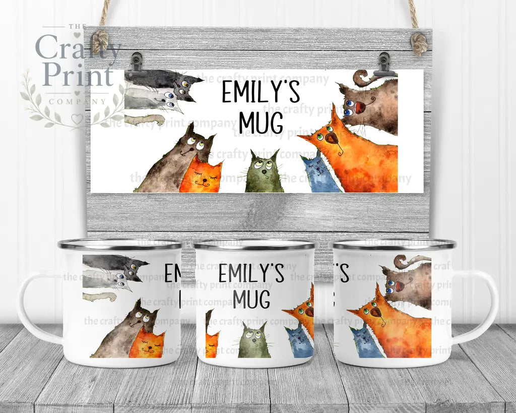 Personalised Cartoon Cats Mug - Enamel - Mugs