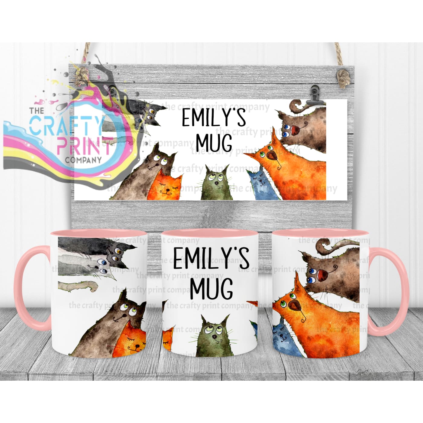 Personalised Cartoon Cats Mug - Pink Handle & Inner - Mugs