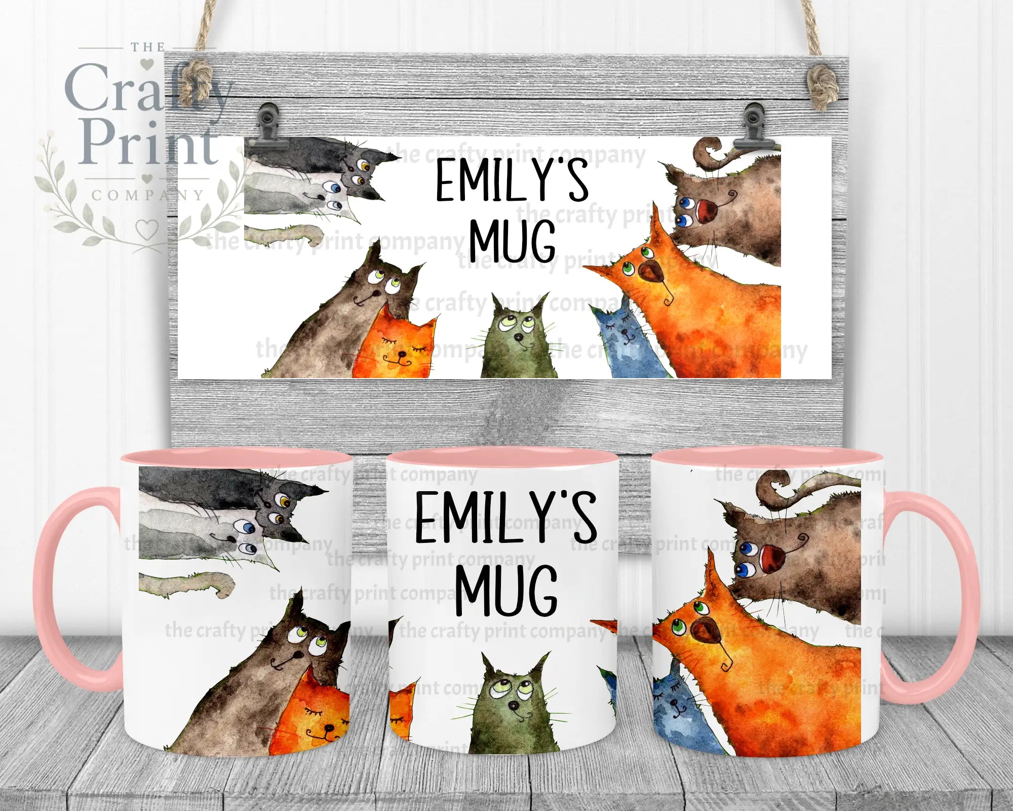 Personalised Cartoon Cats Mug - Pink Handle & Inner - Mugs