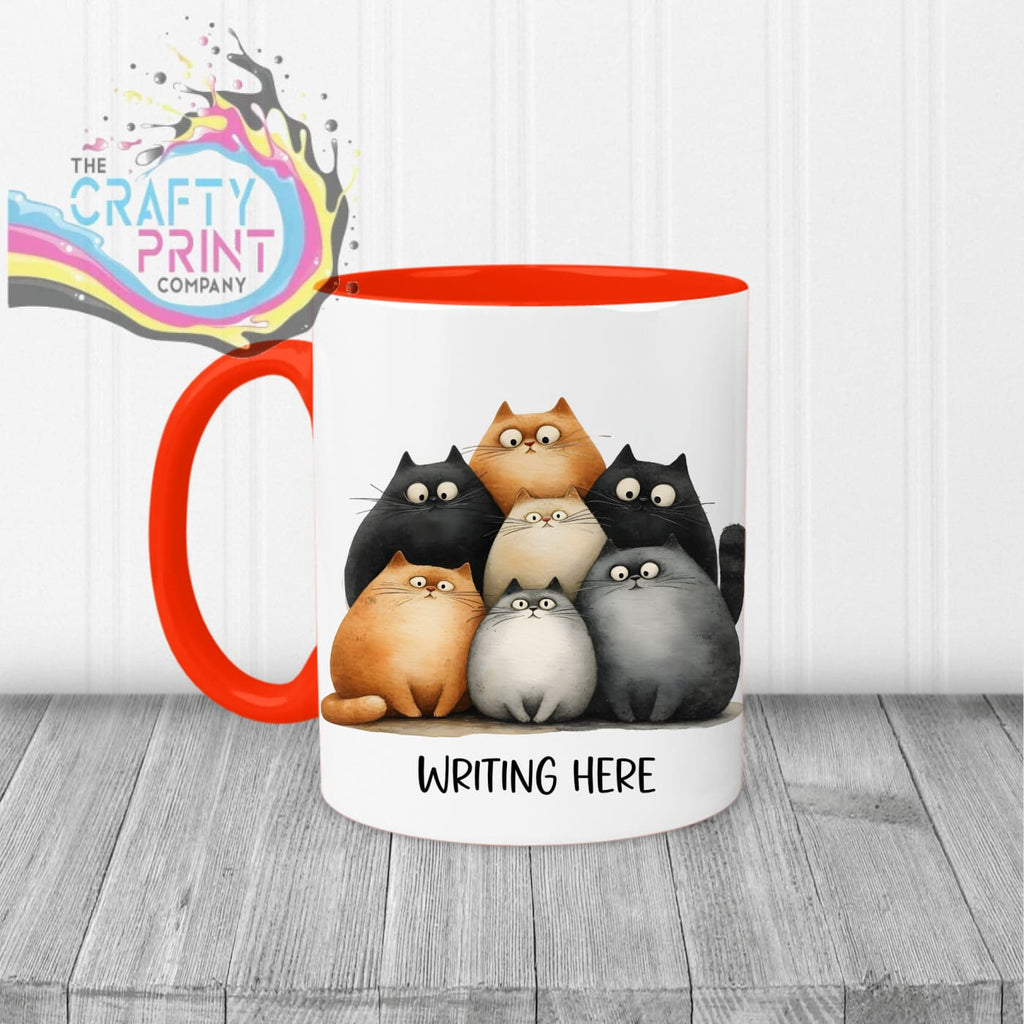 Personalised Cartoon Cats Mug Red Handle & Inner Mugs