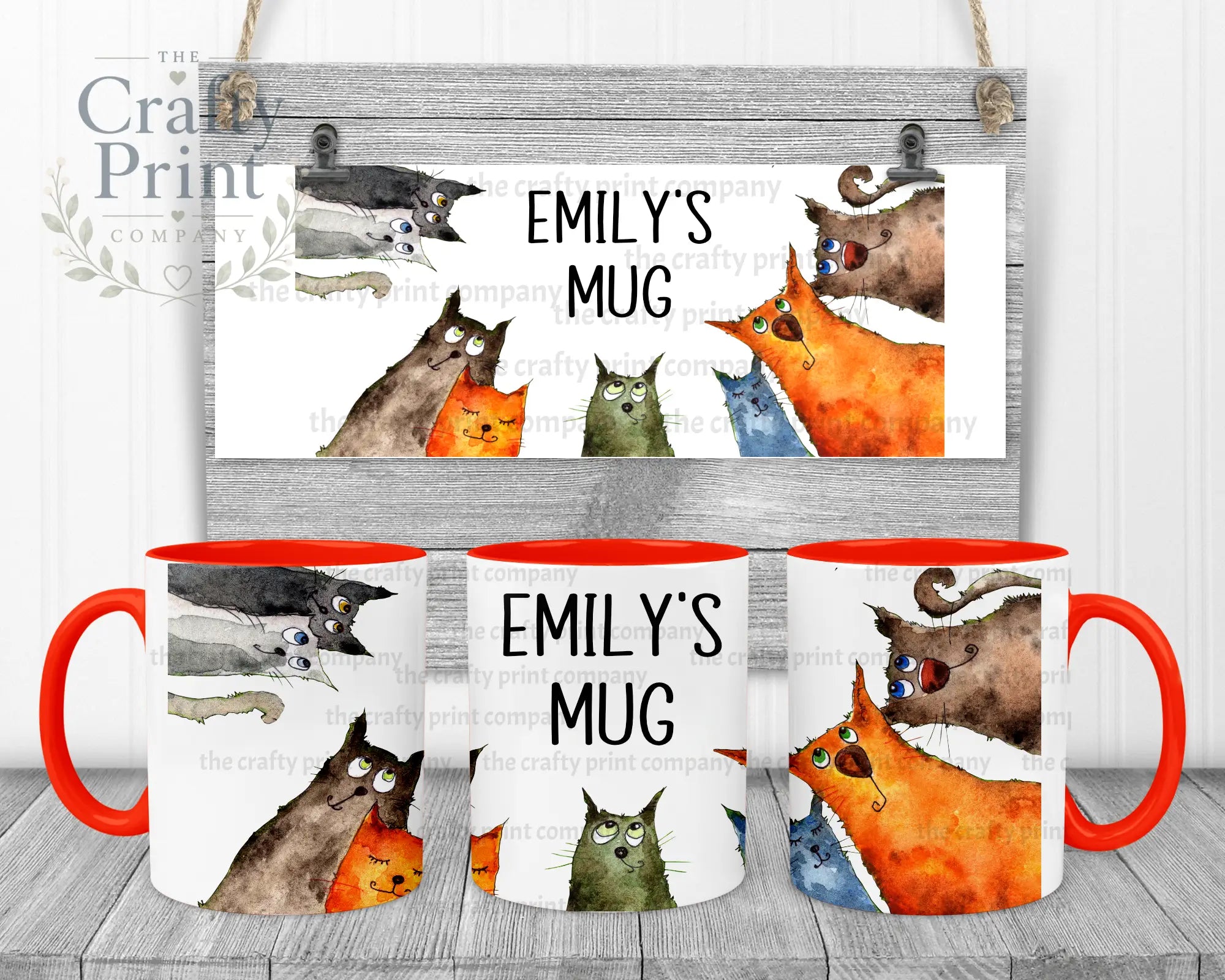 Personalised Cartoon Cats Mug - Red Handle & Inner - Mugs