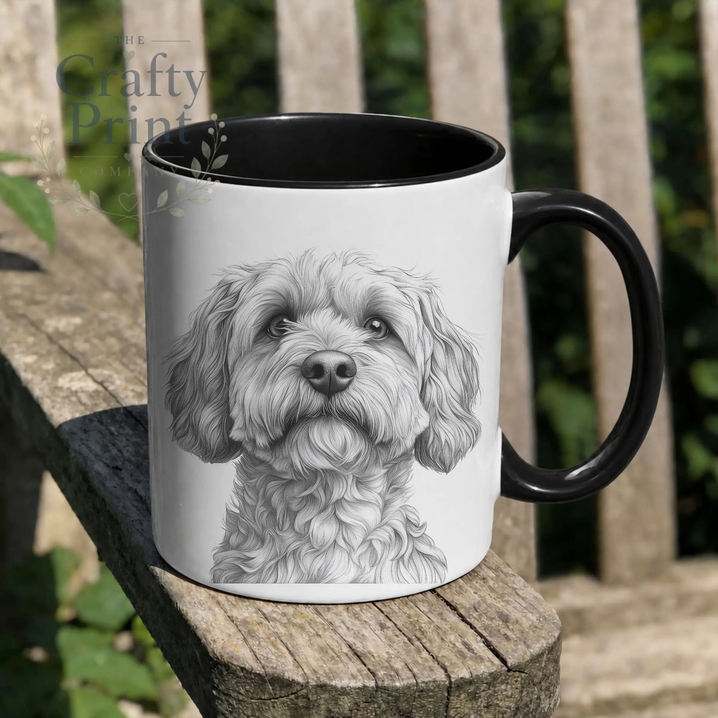 Personalised cockapoo mug white ceramic with black handle featuring detailed cockapoo drawing for dog lovers gift