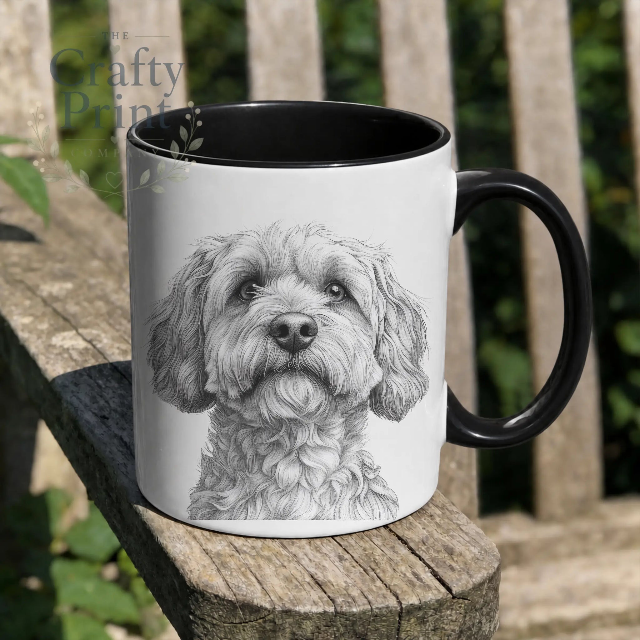 Personalised cockapoo mug white ceramic with black handle featuring detailed cockapoo drawing for dog lovers gift