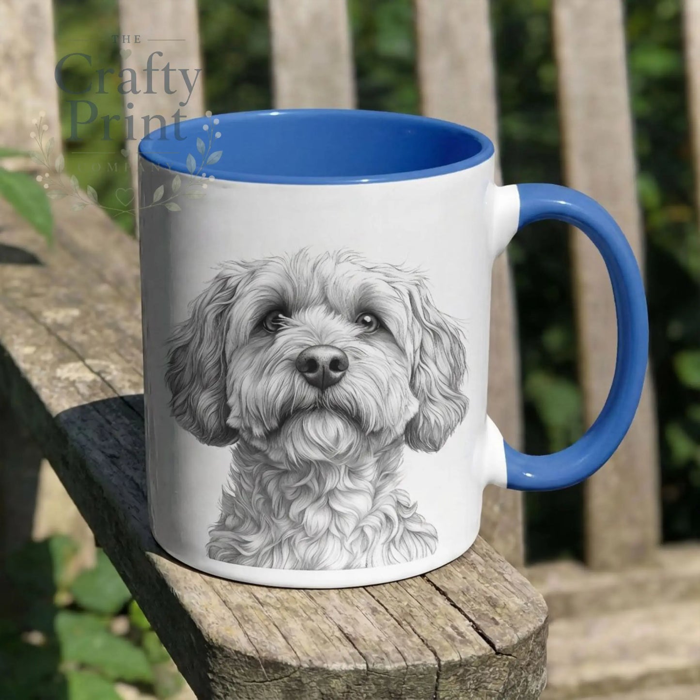 Personalised cockapoo mug white ceramic with blue handle featuring detailed black and white cockapoo drawing for dog lovers gift