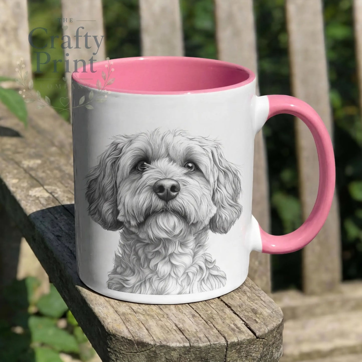 Personalised cockapoo mug white ceramic with pink interior and handle featuring cockapoo drawing for dog lovers gift