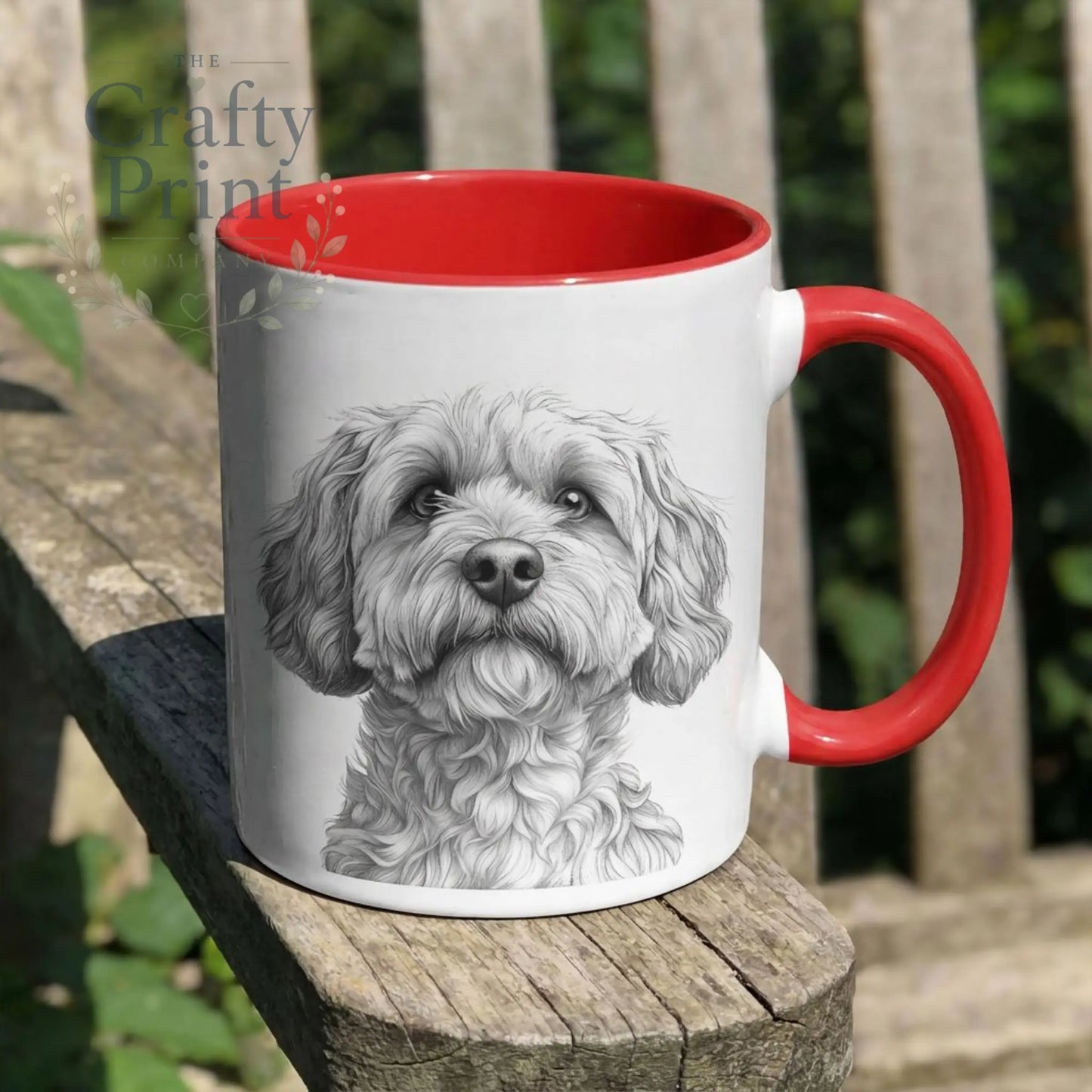 Personalised cockapoo mug white ceramic with red interior and handle featuring black-and-white cockapoo drawing for dog lovers
