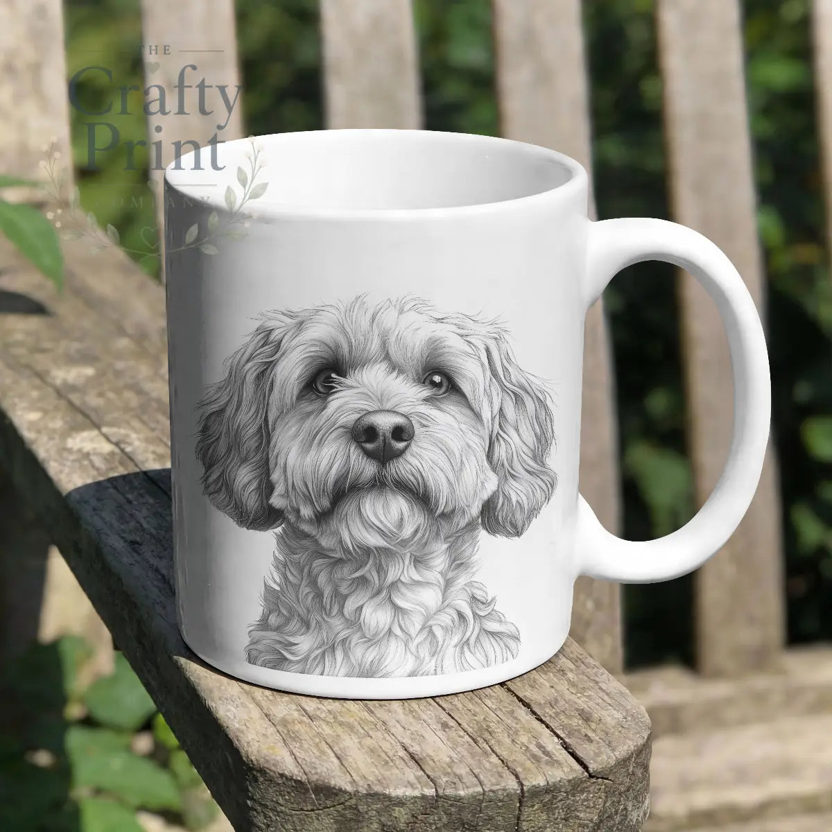 White ceramic personalised cockapoo mug with a black and white cockapoo drawing perfect for dog lovers and thoughtful gifts