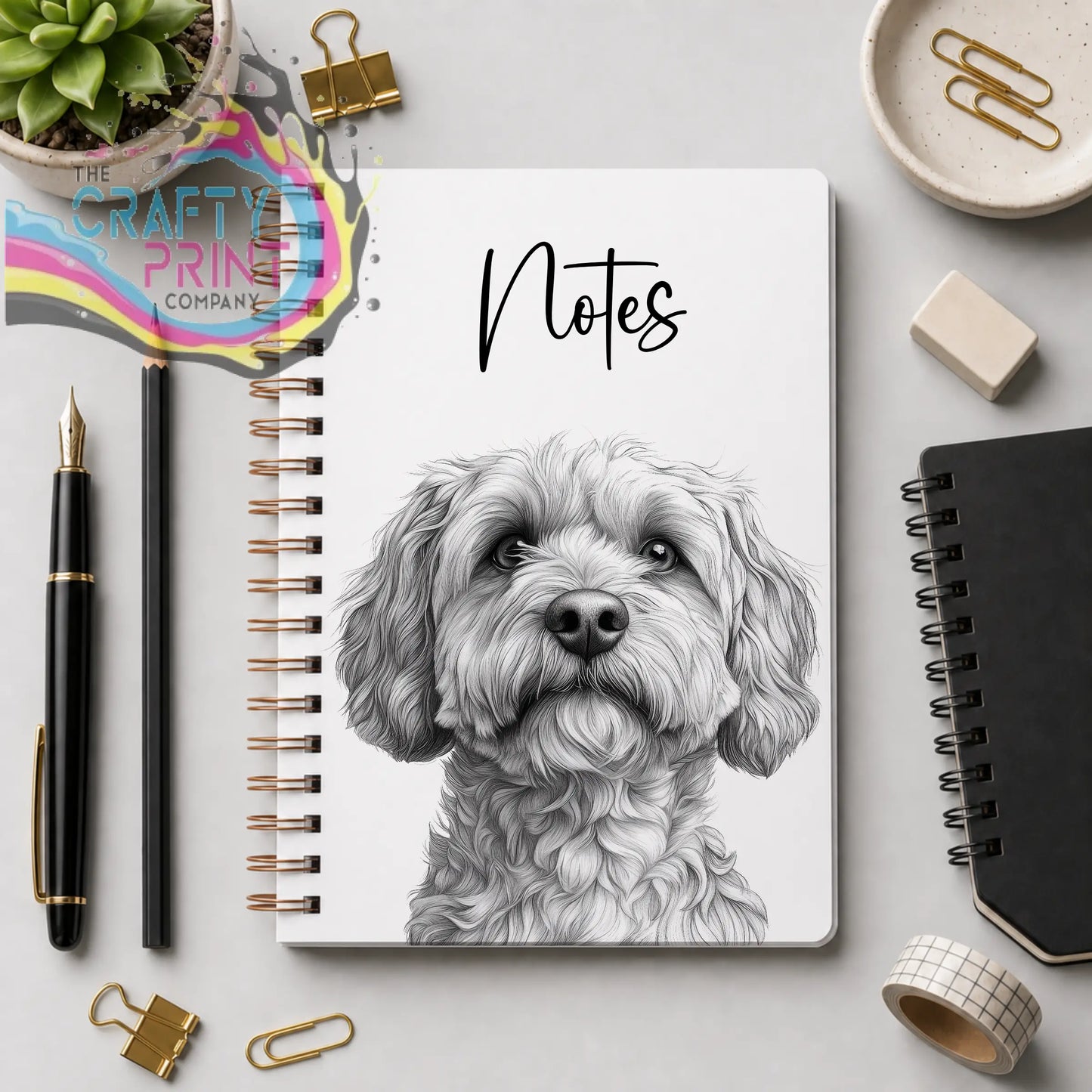 White personalised cockapoo a5 spiral notebook with detailed black-and-white dog pencil drawing and notes cursive text
