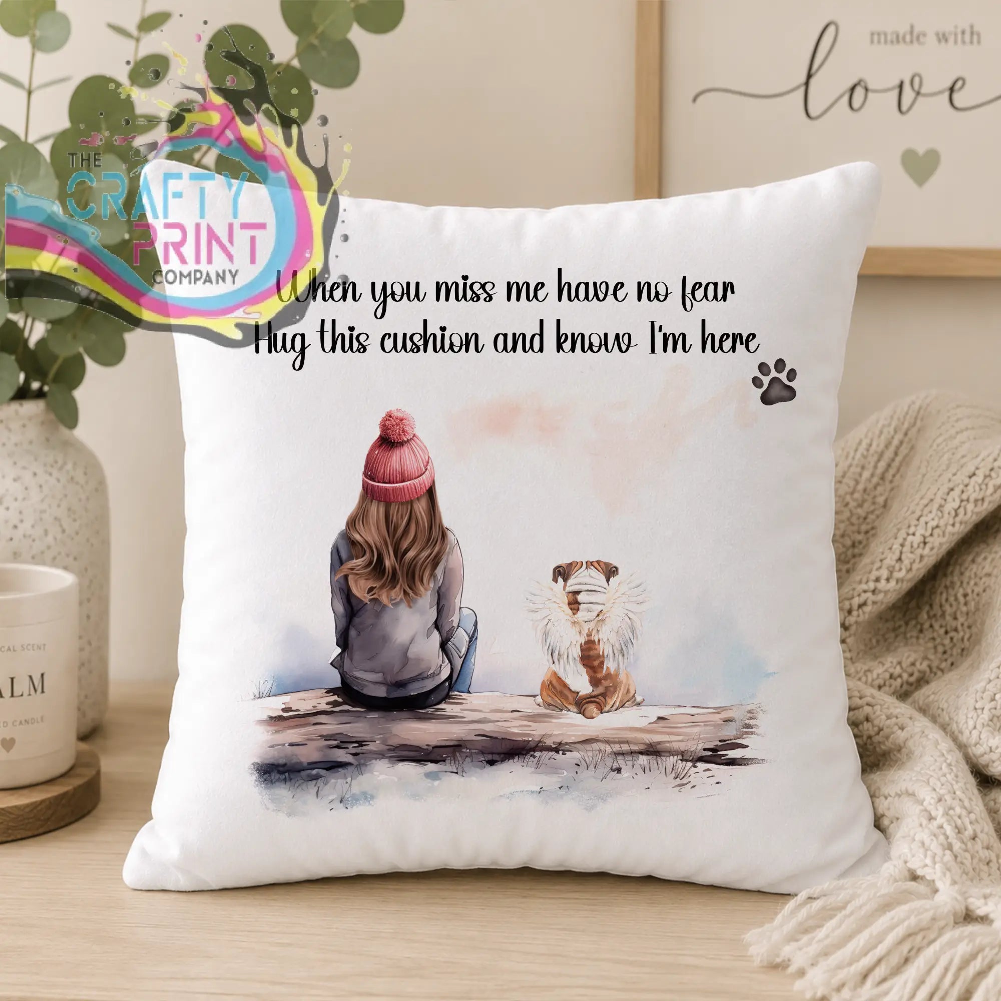 White square personalised dog memorial cushion with watercolor woman and bulldog illustration and heartfelt text design