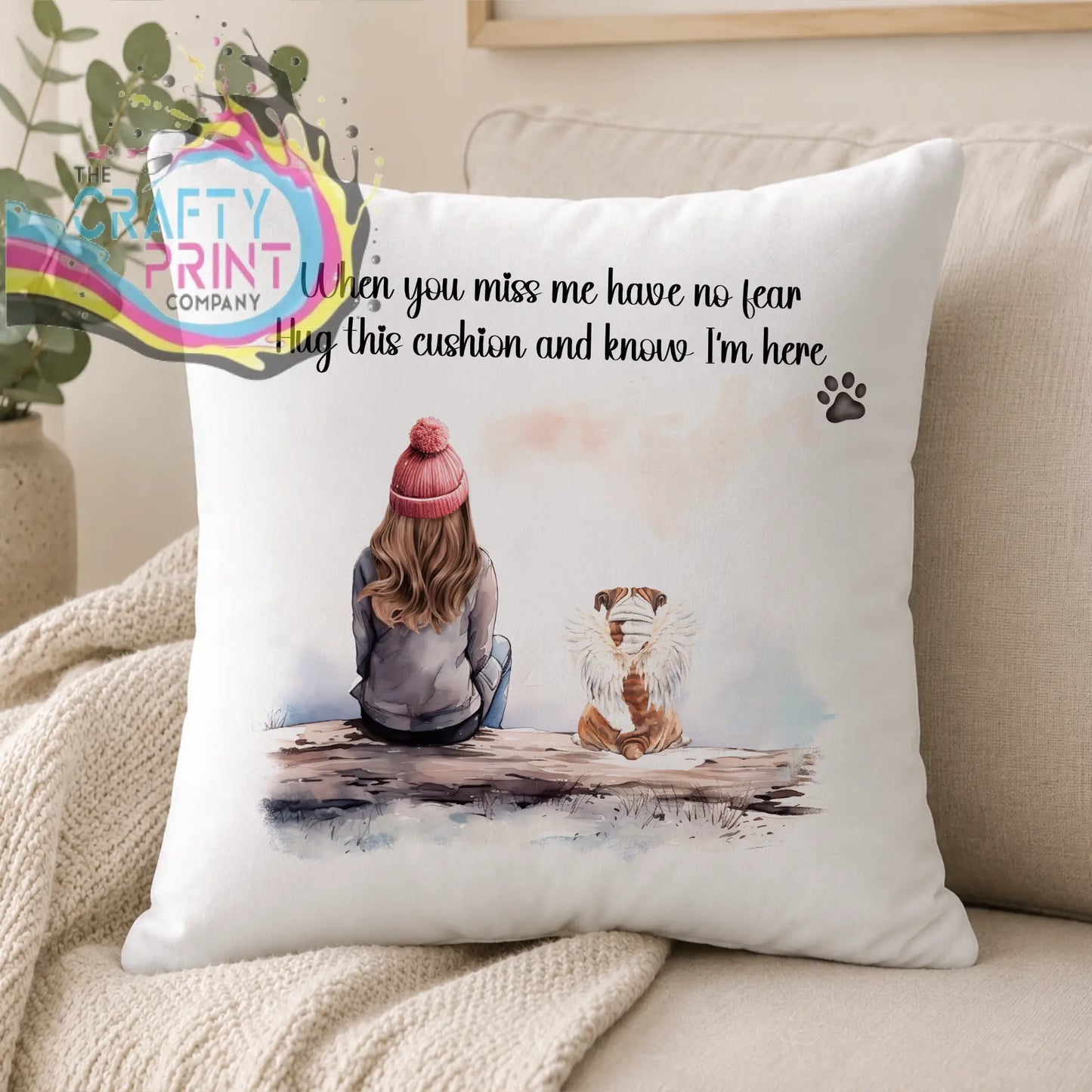 White personalised dog memorial cushion with watercolor girl and dog illustration and comforting hug message text