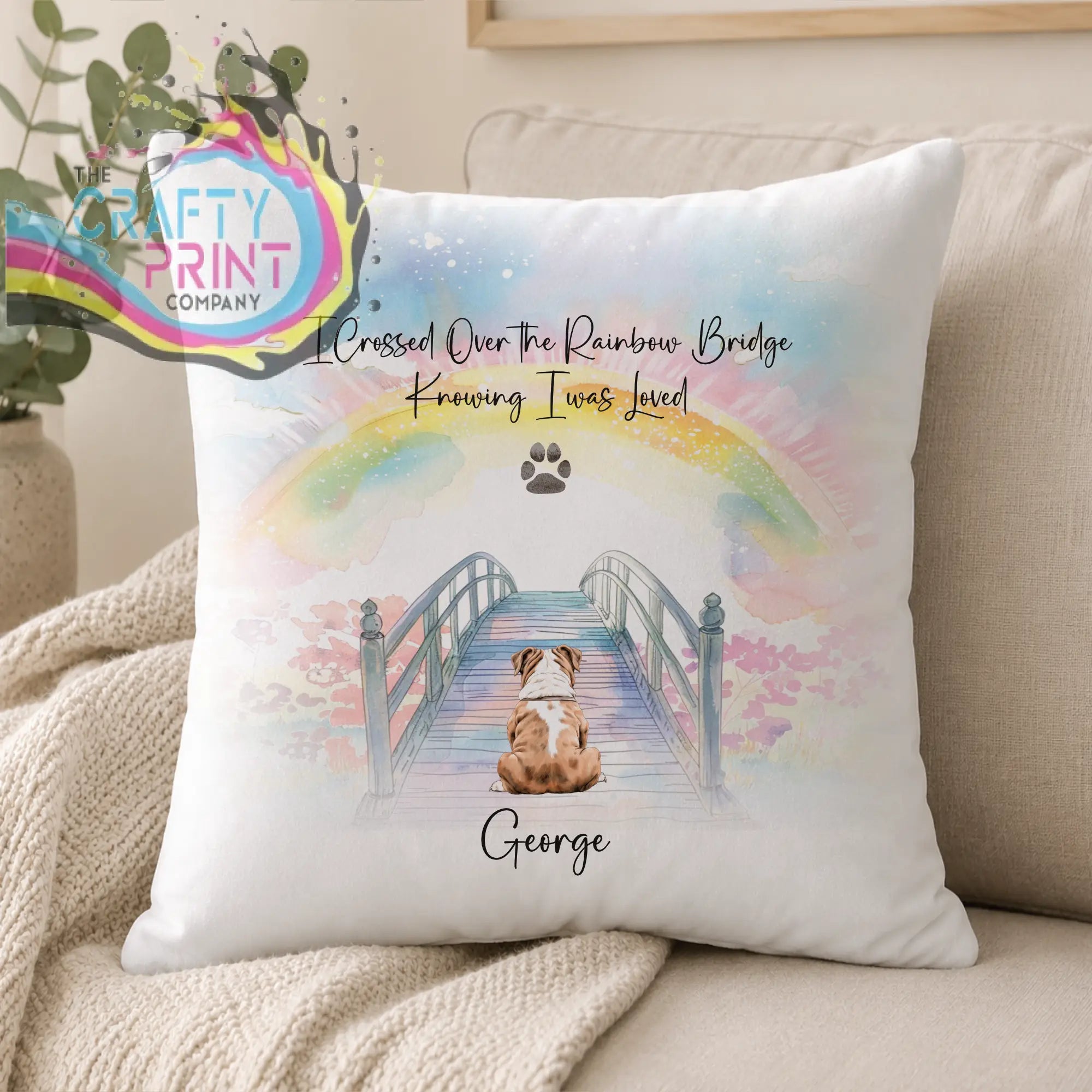 White personalised dog rainbow bridge memorial cushion with watercolor dog illustration and name george printed below
