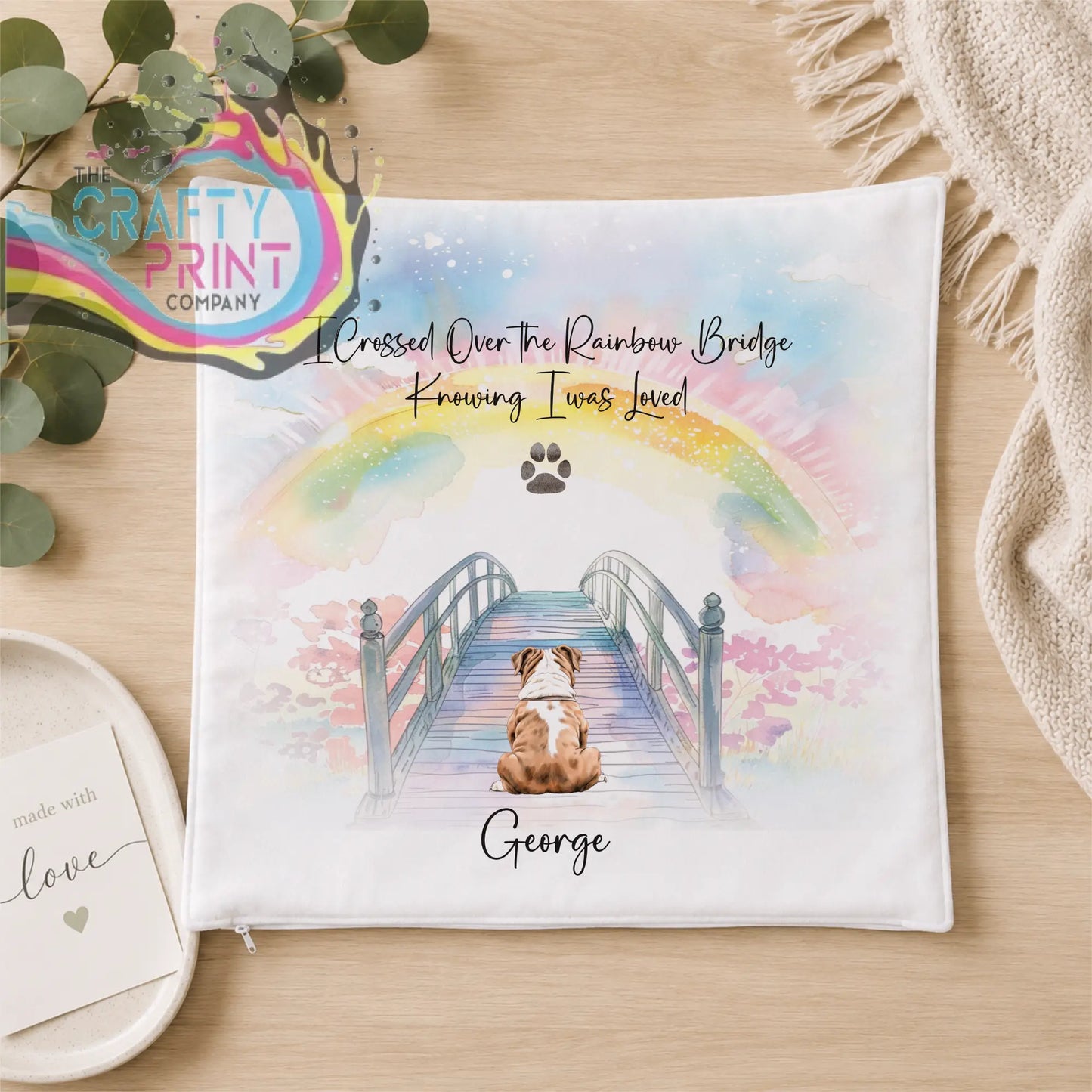 Personalised dog rainbow bridge memorial cushion white square with brown and white dog under rainbow and name george