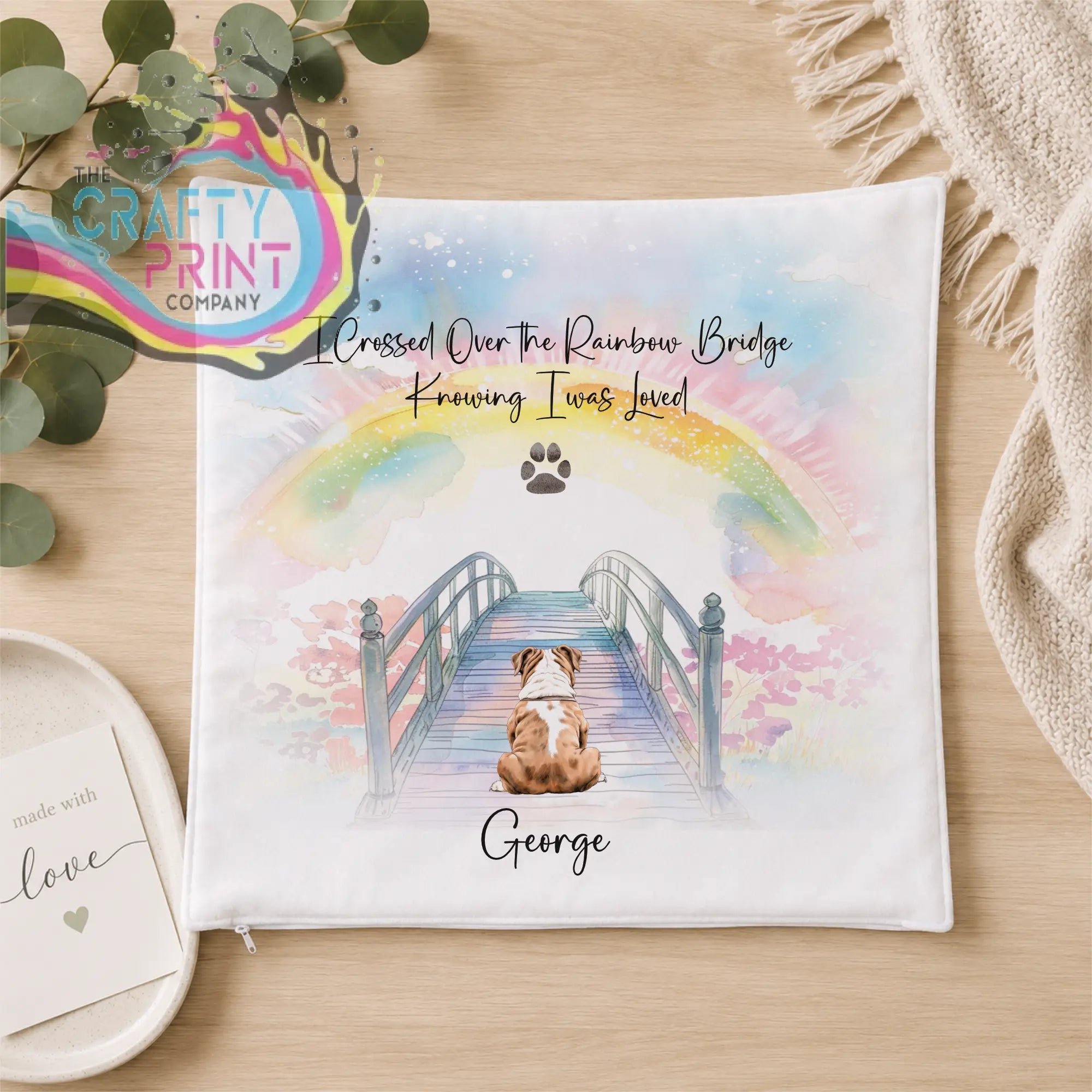 Personalised dog rainbow bridge memorial cushion white square with brown and white dog under rainbow and name george