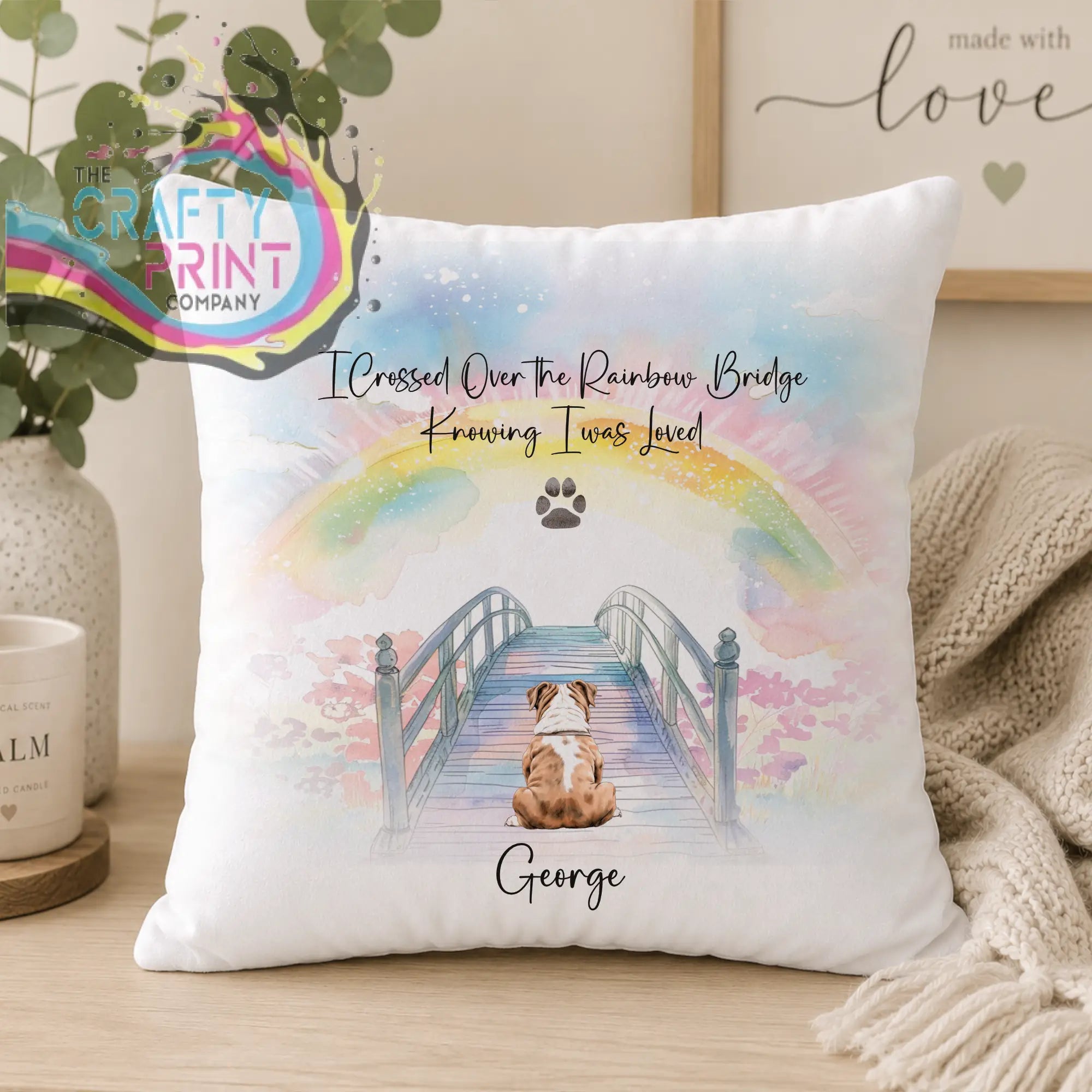 White personalised dog rainbow bridge memorial cushion with bulldog illustration and george text