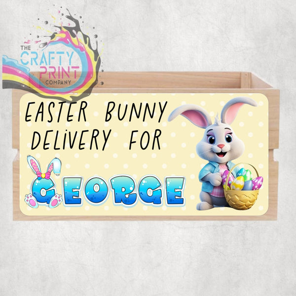 Personalised Easter Bunny Delivery Crate Sign - Blue Name