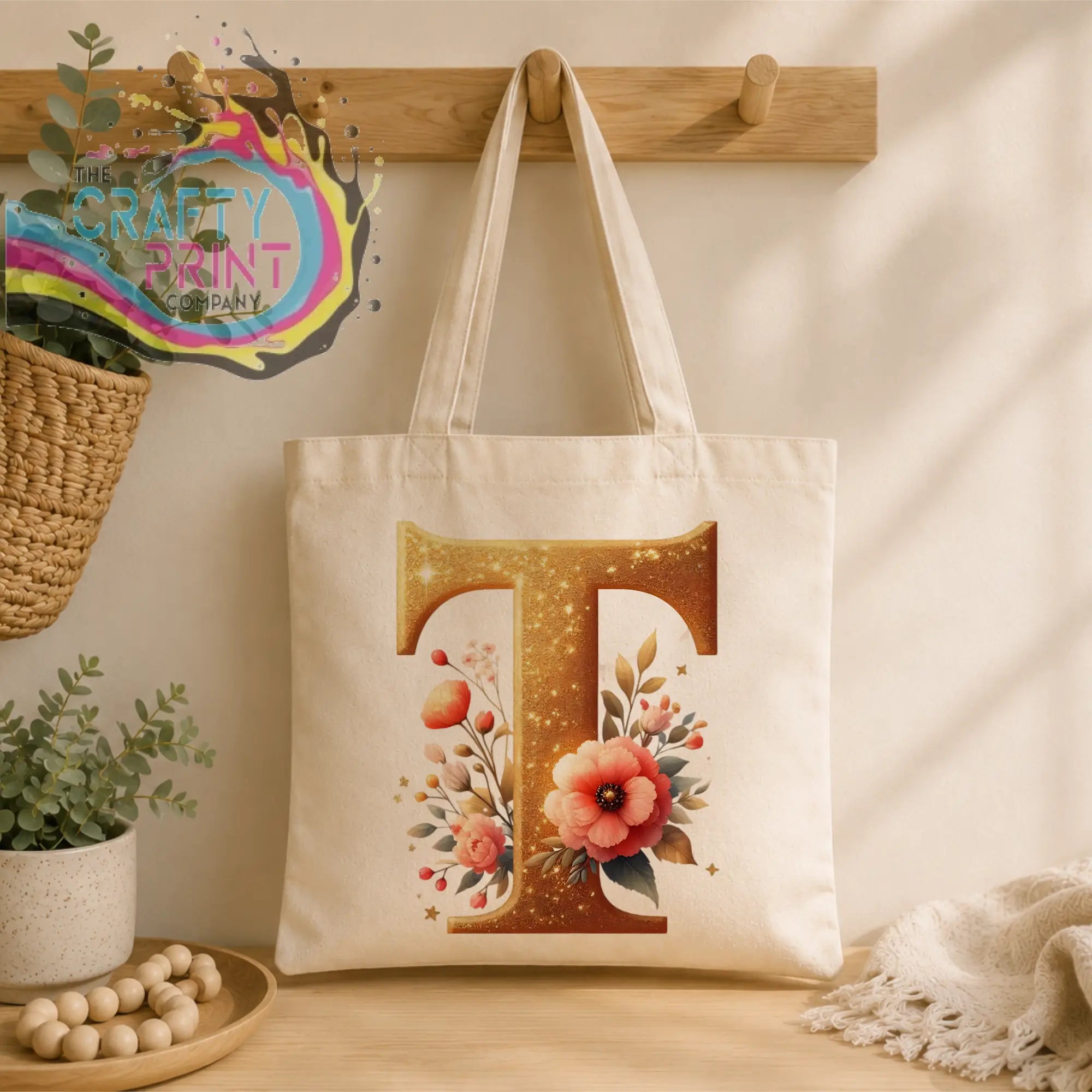 Cream canvas tote bag with gold glitter initial t and pink orange floral design personalized reusable tote bag