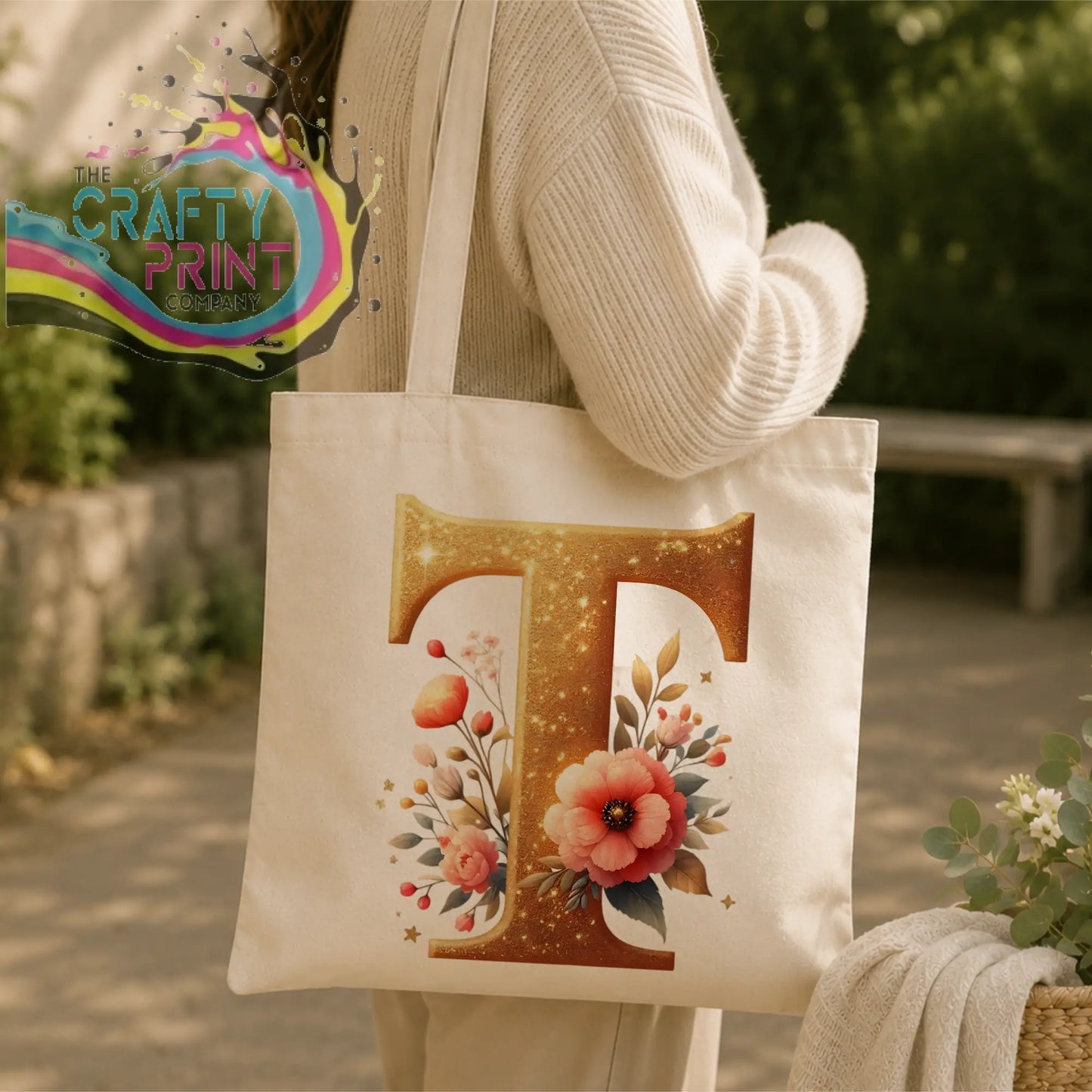 Cream canvas tote bag with gold glitter initial t and soft pink floral design personalized reusable tote bag