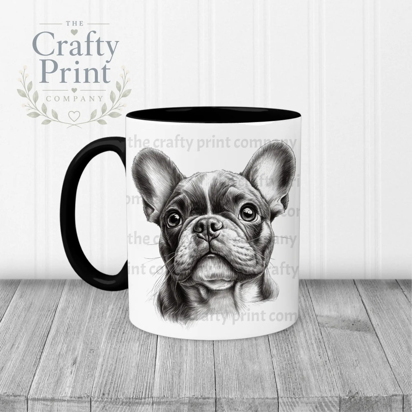 White ceramic french bulldog pencil drawing mug with black handle and interior featuring detailed grayscale french bulldog face
