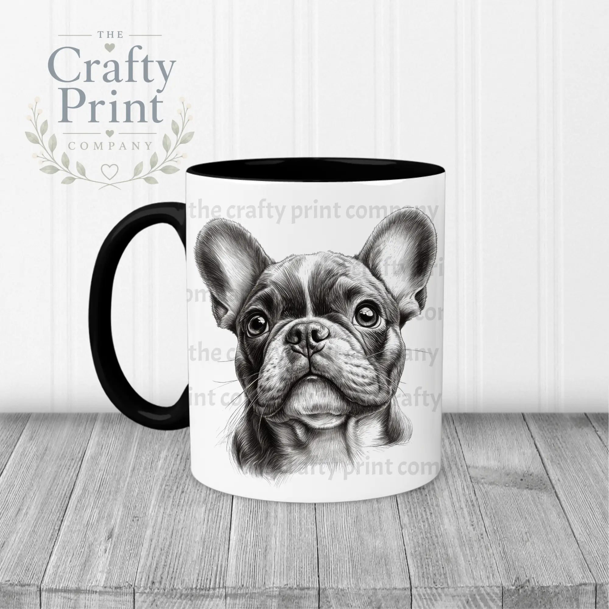 White ceramic french bulldog pencil drawing mug with black handle and interior featuring detailed grayscale french bulldog face