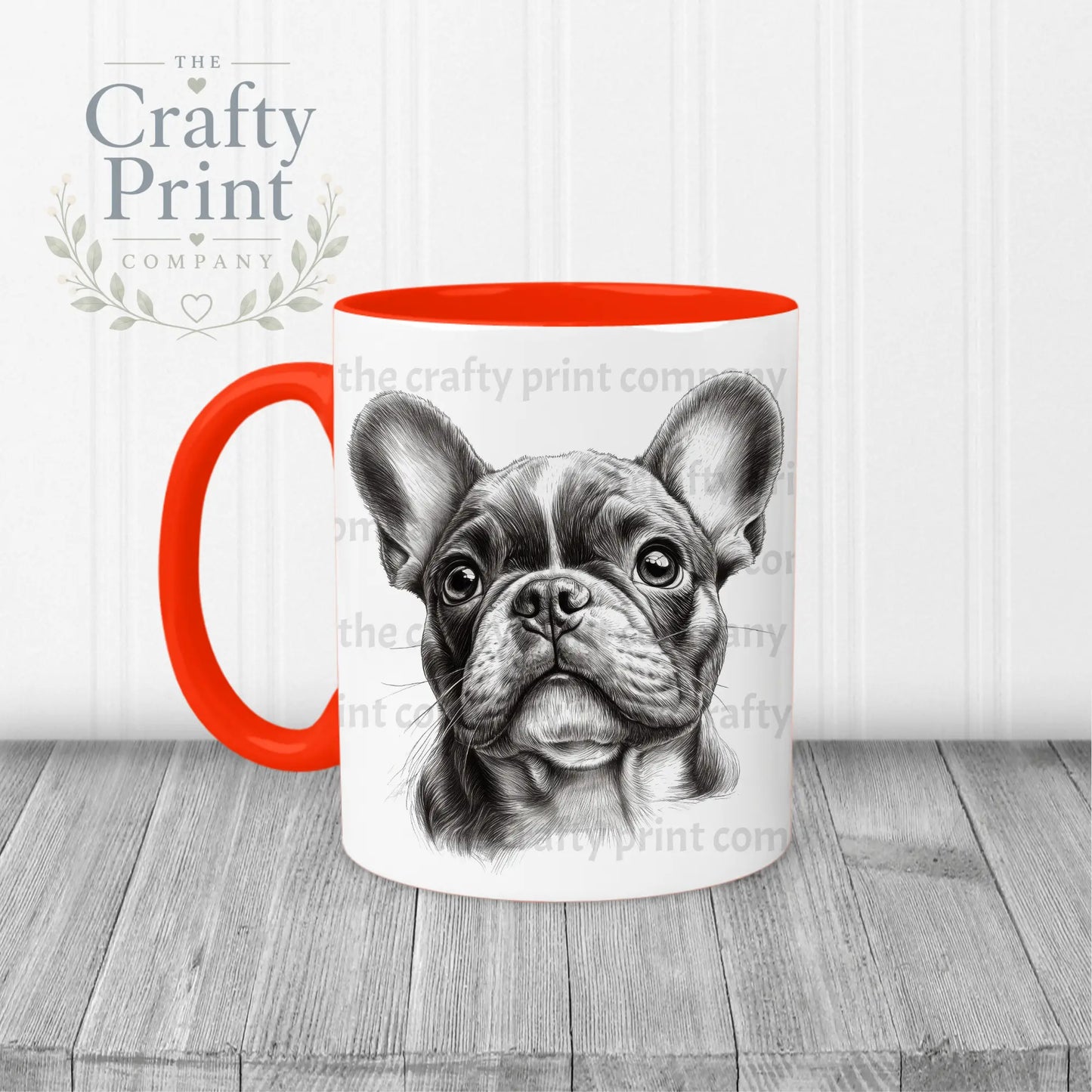 White ceramic mug with vibrant orange handle and interior featuring a detailed french bulldog pencil drawing face