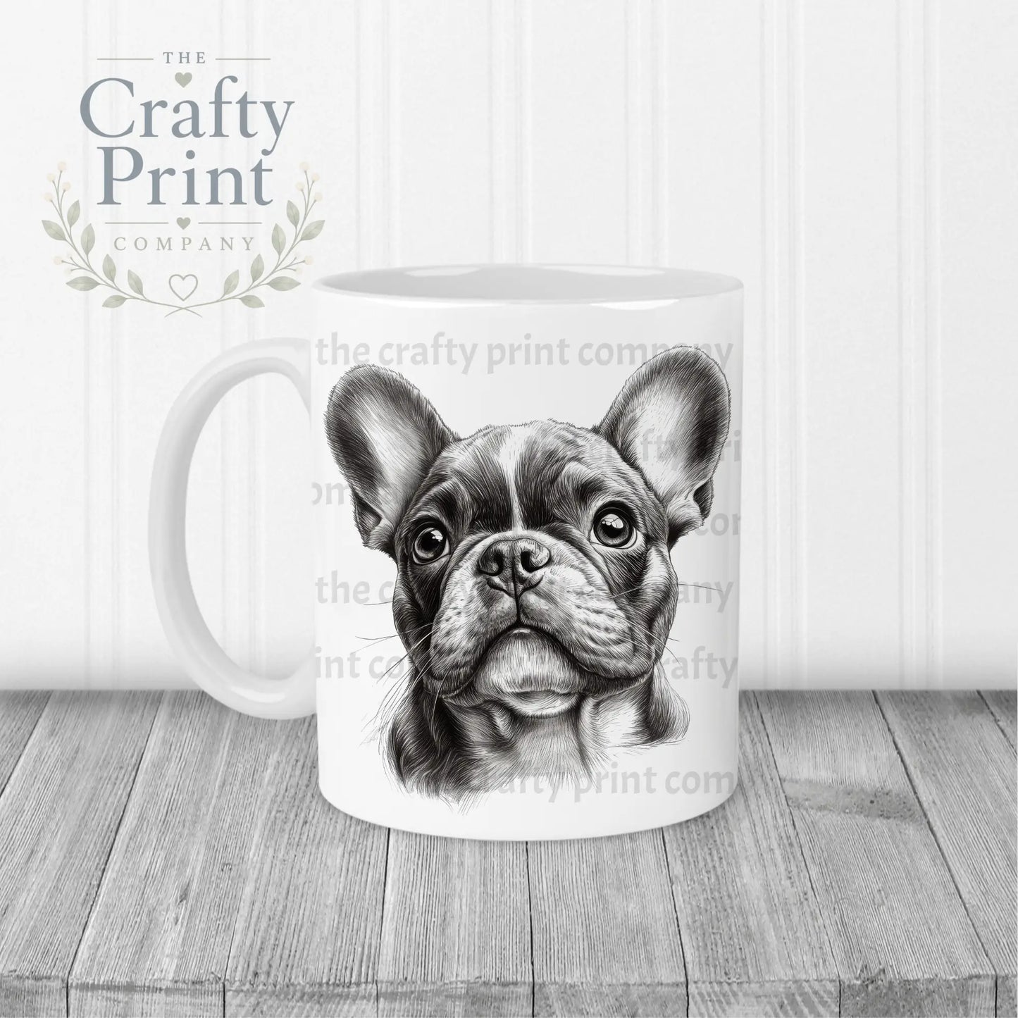 White ceramic mug with a detailed black and white french bulldog pencil drawing on the front side