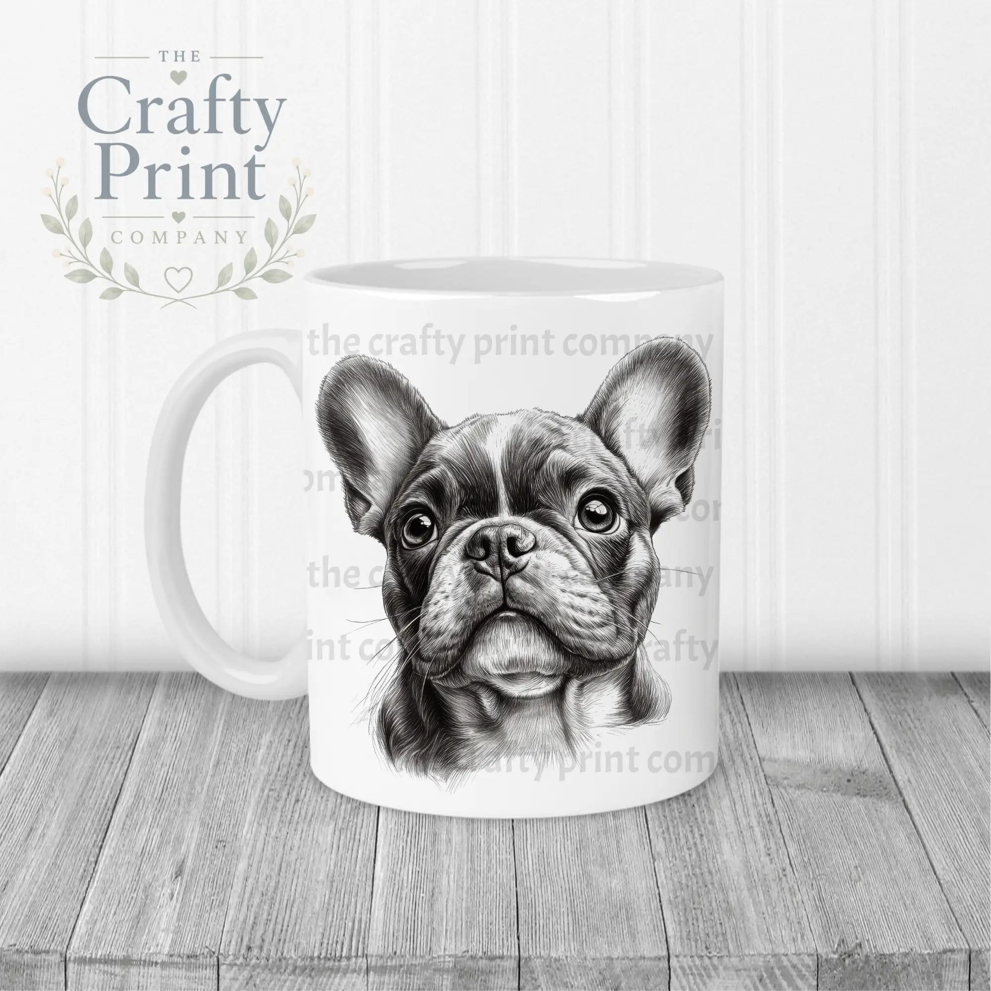 White ceramic mug with a detailed black and white french bulldog pencil drawing on the front side