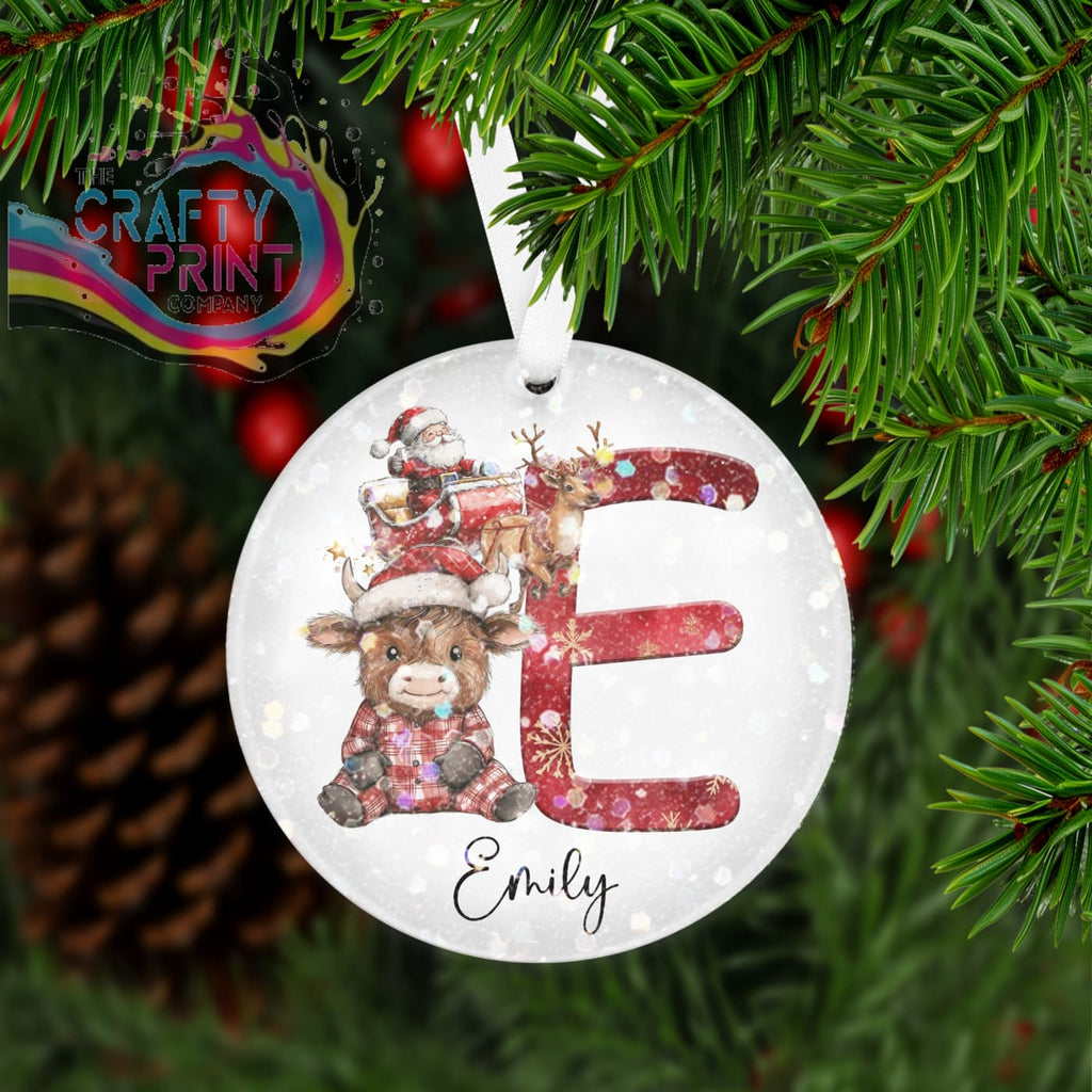 Personalised Glitter Christmas Highland Cow Acrylic Bauble