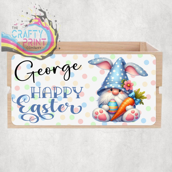 Personalised Happy Easter Gnome Crate Sign - Blue