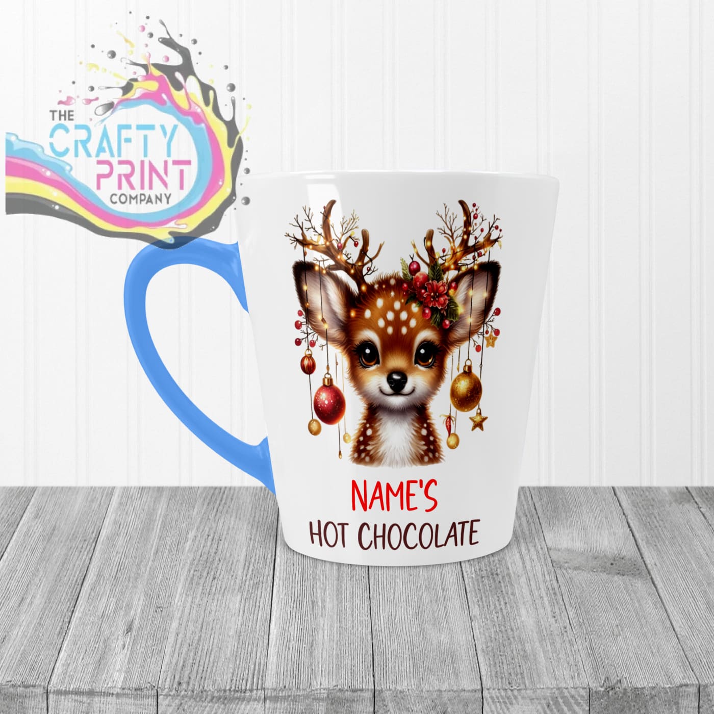 Personalised Hot Chocolate Reindeer Mug - 12oz Latte / Blue