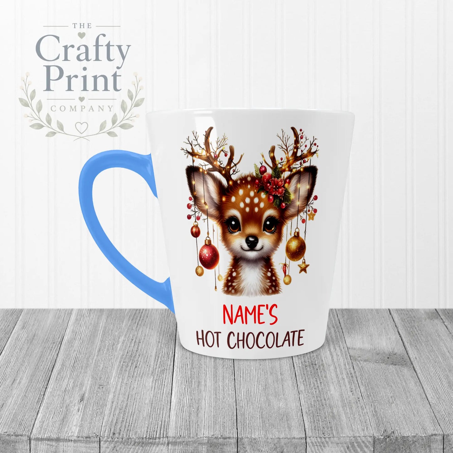 Personalised Hot Chocolate Reindeer Mug - 12oz Latte / Blue